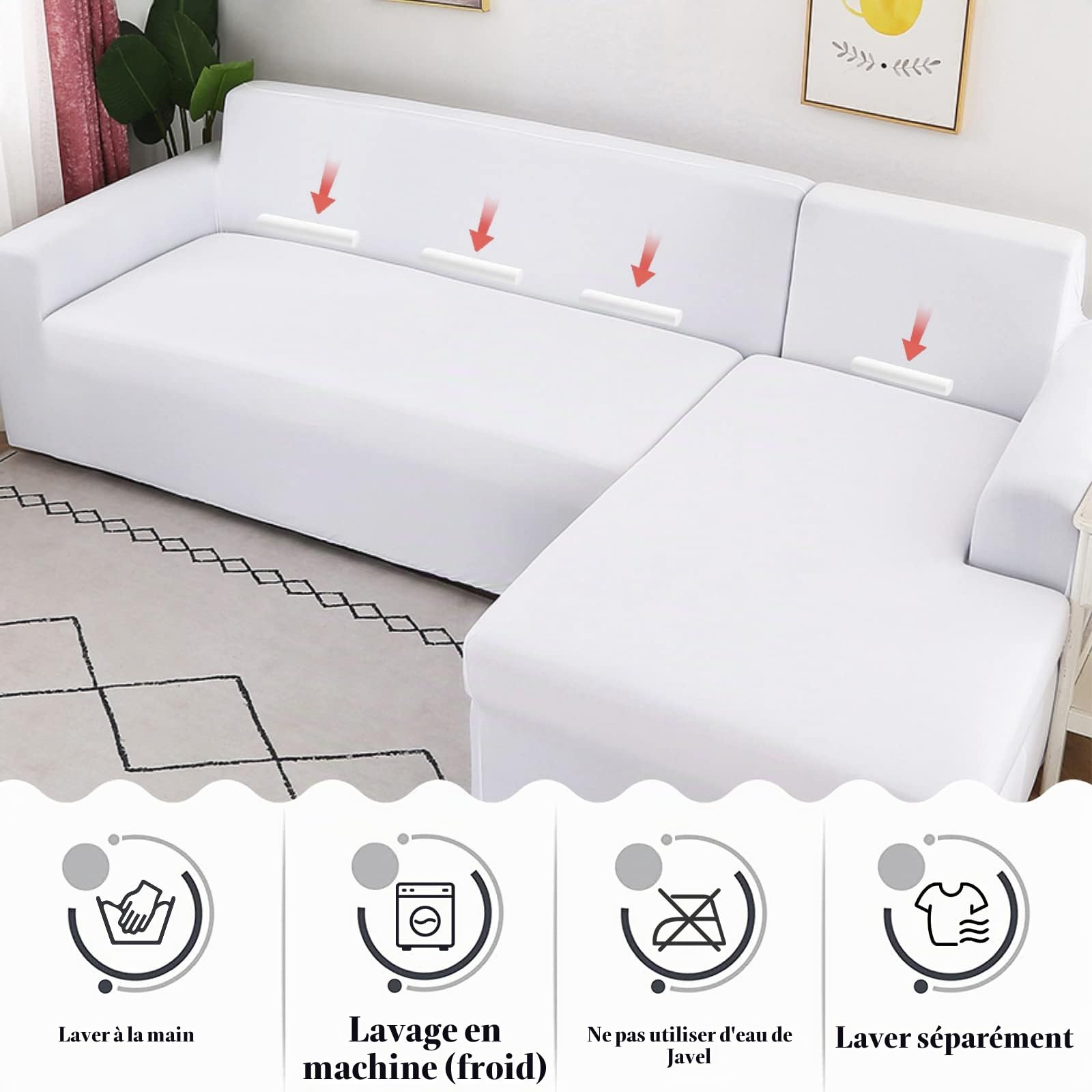 Jaotto Housse de Canapé d'angle Extensible 2 Pieces, Housse de Canapé Élastique en Forme de L, Revêtement de Canapé Universel Lavable, Couverture pour Canapé(2 Places+2 Places,Blanc)