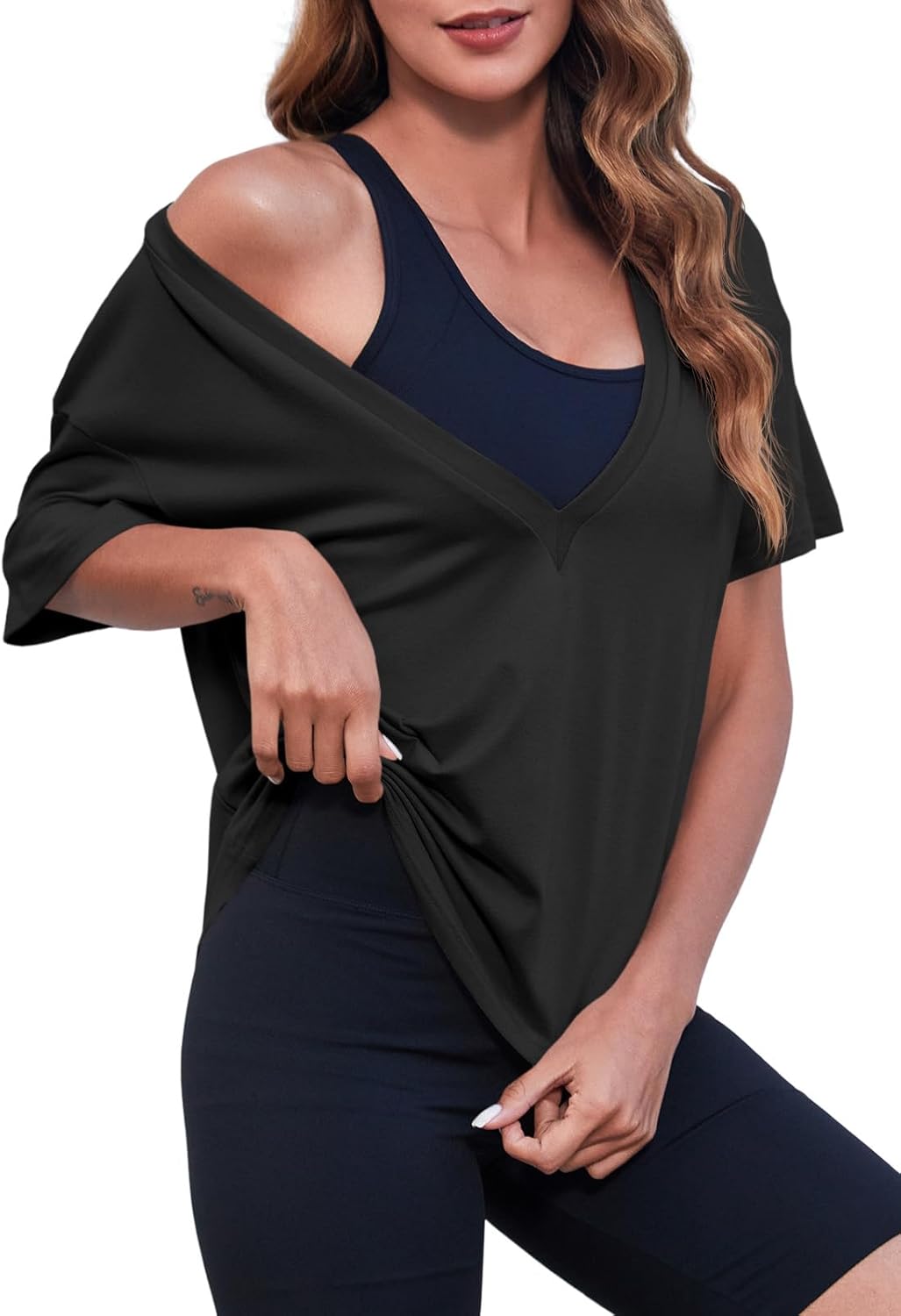 Tankaneo Womens Sexy Deep V Neck T-Shirts Summer Short Sleeve Tops Casual Loose Fit Basic Tees - Image 4