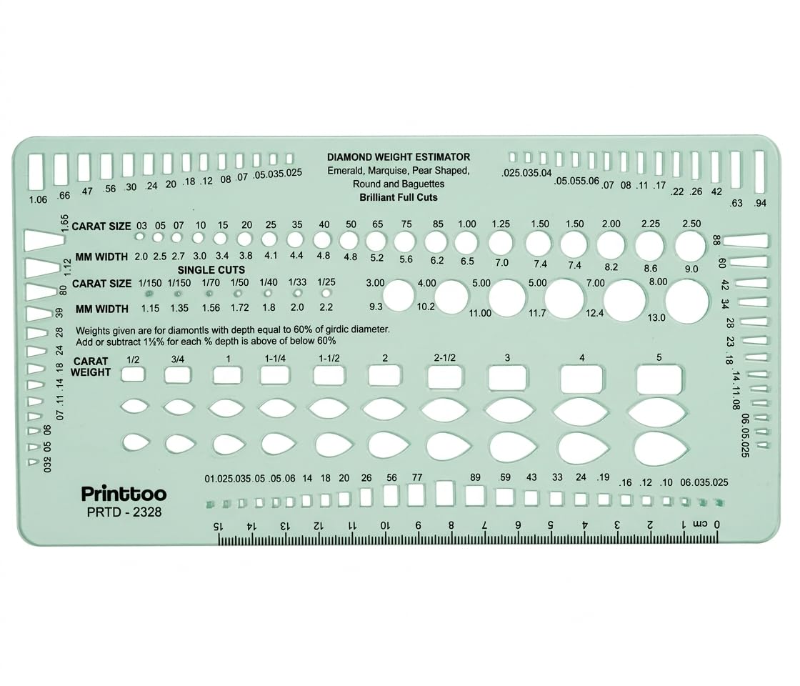 Printtoo Diamond Weight Estimator Jewellery Designing Template, Transparent Jewelry Drafting Stencil with Round, Pear, Marquise, Emerald and Baguette Cutouts for Gemstone Sketching