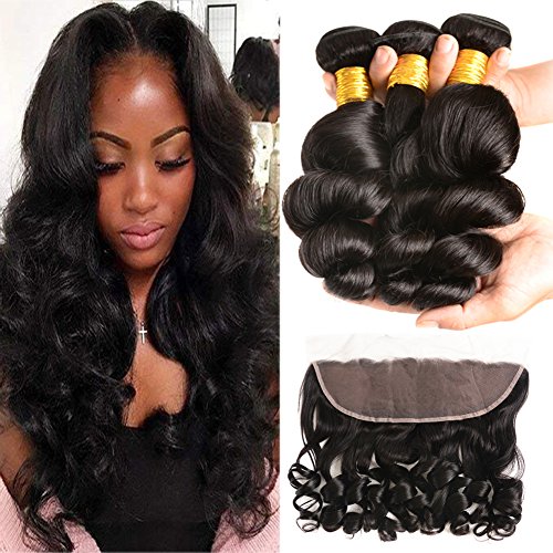 Huarisi Loose Wave Bundles with Frontal 13 x 4 Grade 8a Malaysian Hair Wet and Wavy Weave 100% Unprocessed Human Hair with Frontal Ear to Ear Closure 100g/Bundle 16 18 20 +14 inch