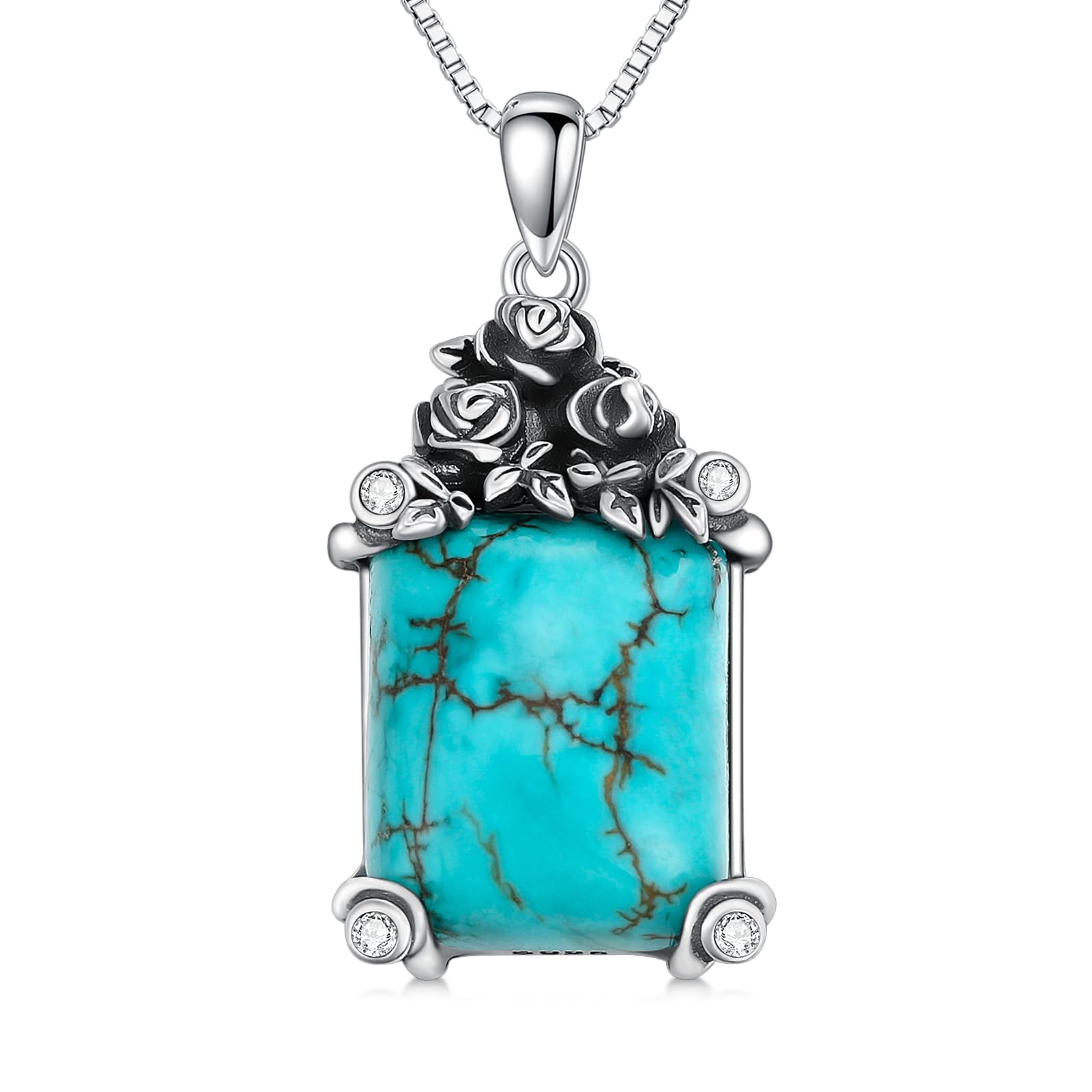 Genuine Turquoise Pendant Necklace with Rose, Sterling Silver Boho Vintage Native American Necklace Western Jewelry Birthdays Gift for Women