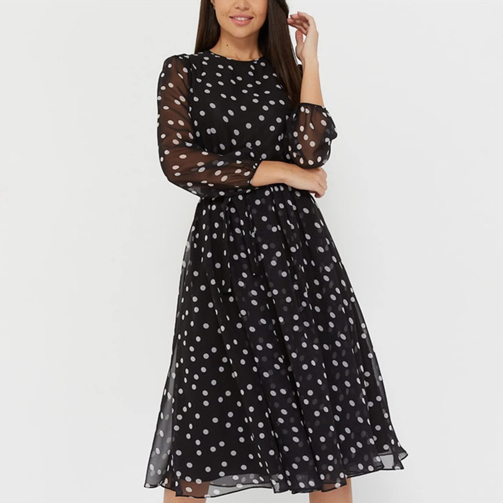 Dawwoti Abiti da Donna Abito in Chiffon A Maniche Lunghe A Pois Sciolto con Cintura per La Primavera Abito Casual Estivo