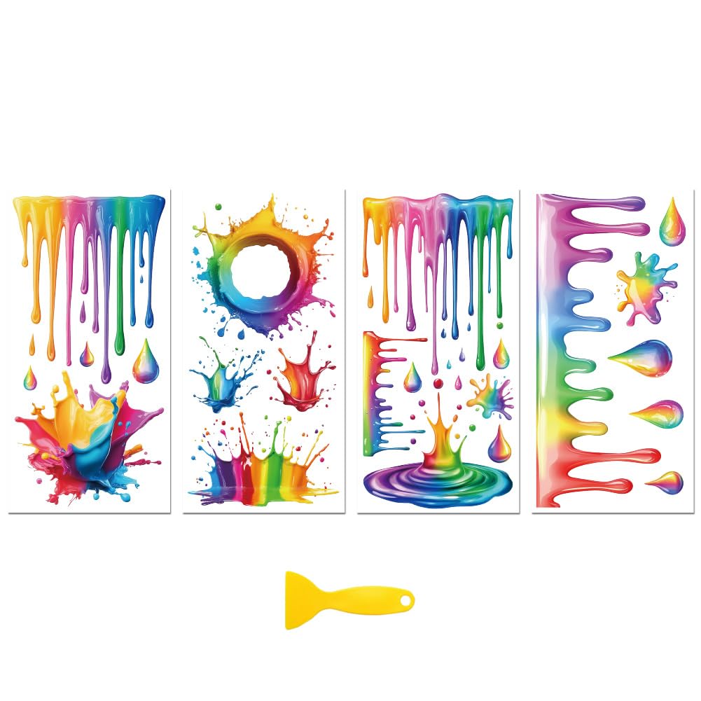 Peacoblue Rub on Transfer Decal Sticker for Furniture Craft Decor 6"x12" Rainbow Dripping Liquid Water, 4Pcs Waterproof UV DTF Transfer for Drawer