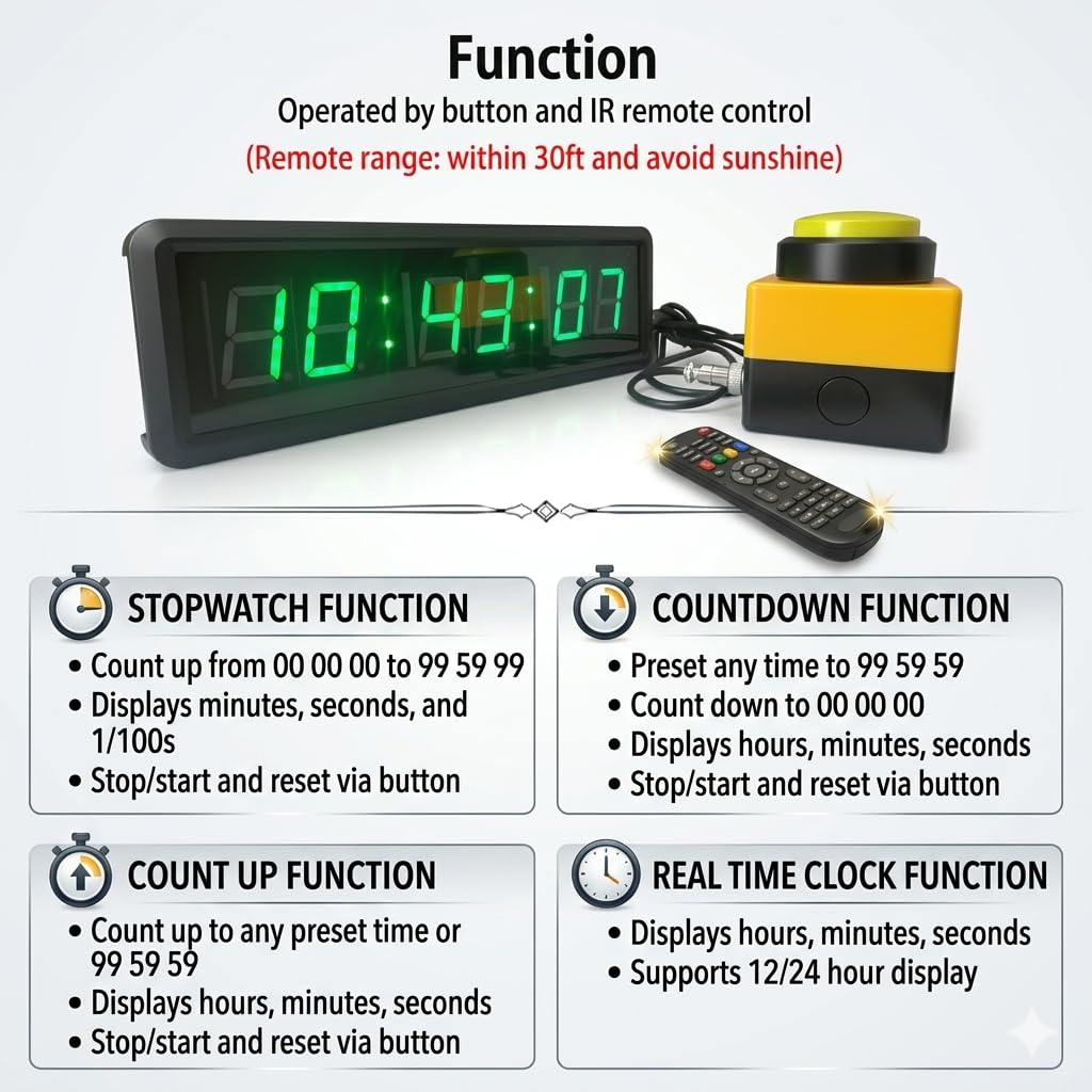 Reloj temporizador de cuenta regresiva, cronómetro grande con botón de toque, compatible con función de cuenta atrás y tiempo real, ideal para juegos y deportes de interior, montaje en