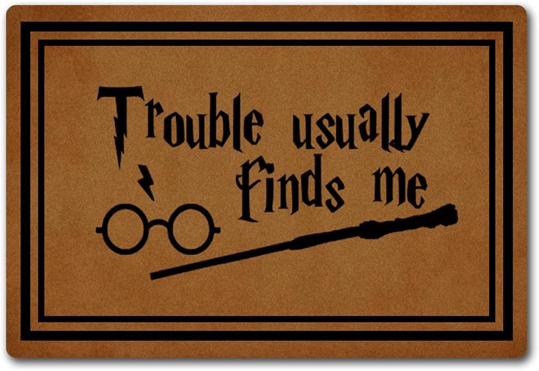 Funny Welcome Outdoor Decor for Front Porch Rugs Trouble Usually Finds Me Personalized Monogram Kitchen Mats with Anti-Slip Rubber Back Novelty House Warming Gift Welcome Mat(23.7 X 15.9 in)