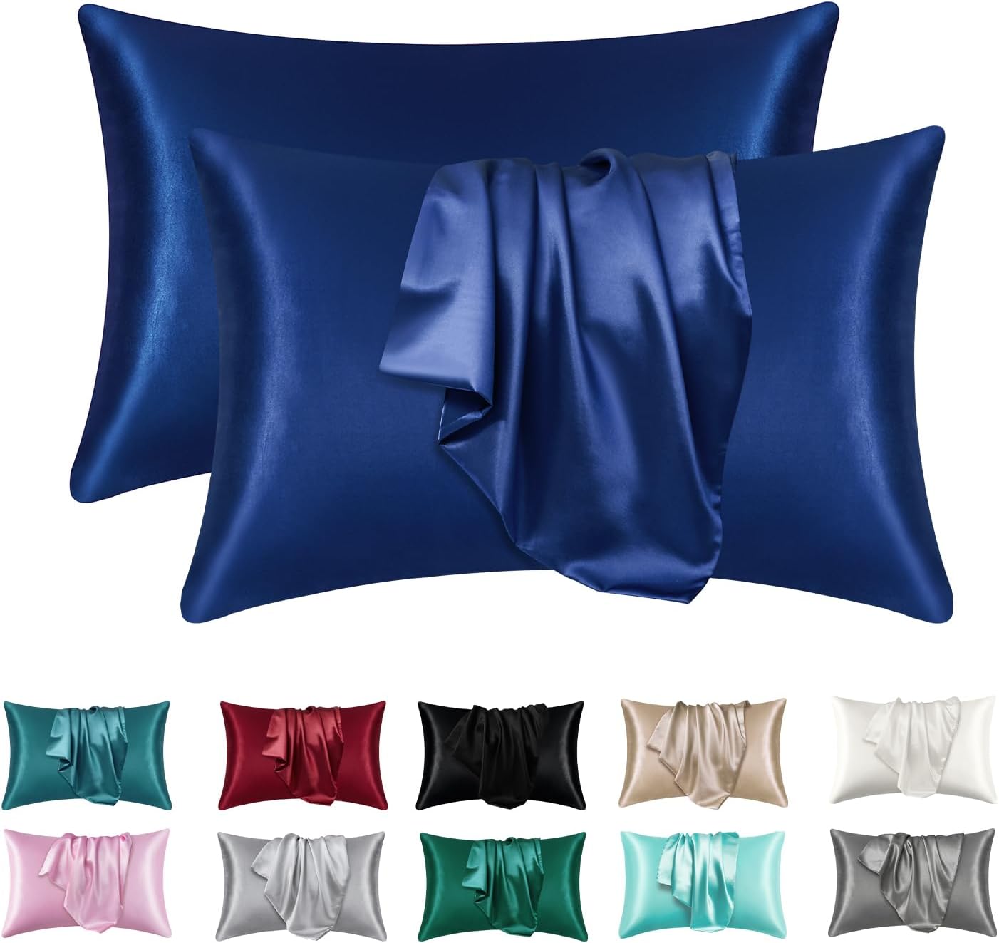 Satin Silk Pillowcases for Skin and Hair,Set of 2 Satin Pillow Cases for Women with Envelope Closure,Soft Breathable Smooth Cooling Silk Pillow Covers for Gifts，Navy，Queen (20" x 30")