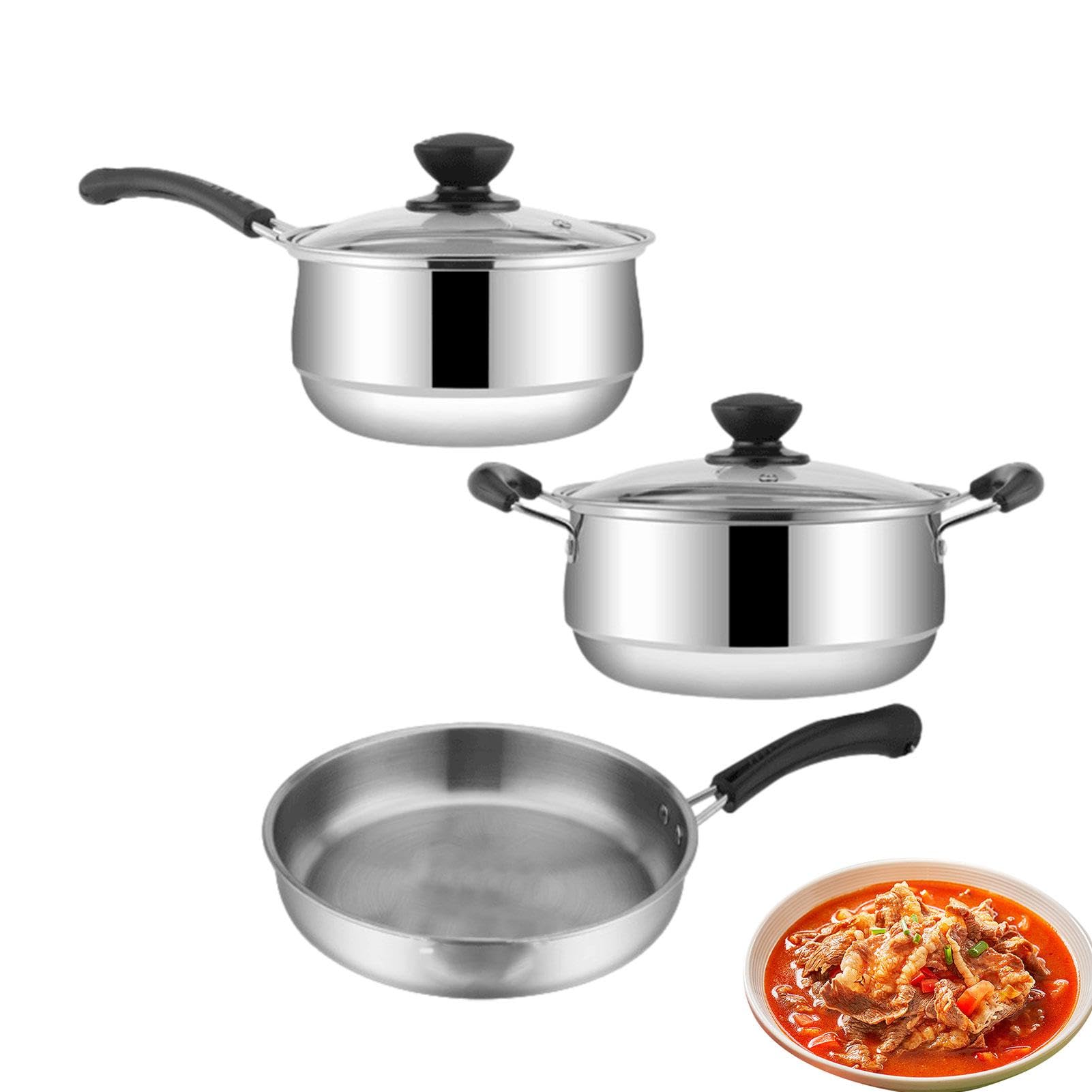 Set di utensili da cucina in acciaio , antiaderenti, 3 pezzi | pentole e padelle antiaderenti con coperchio
