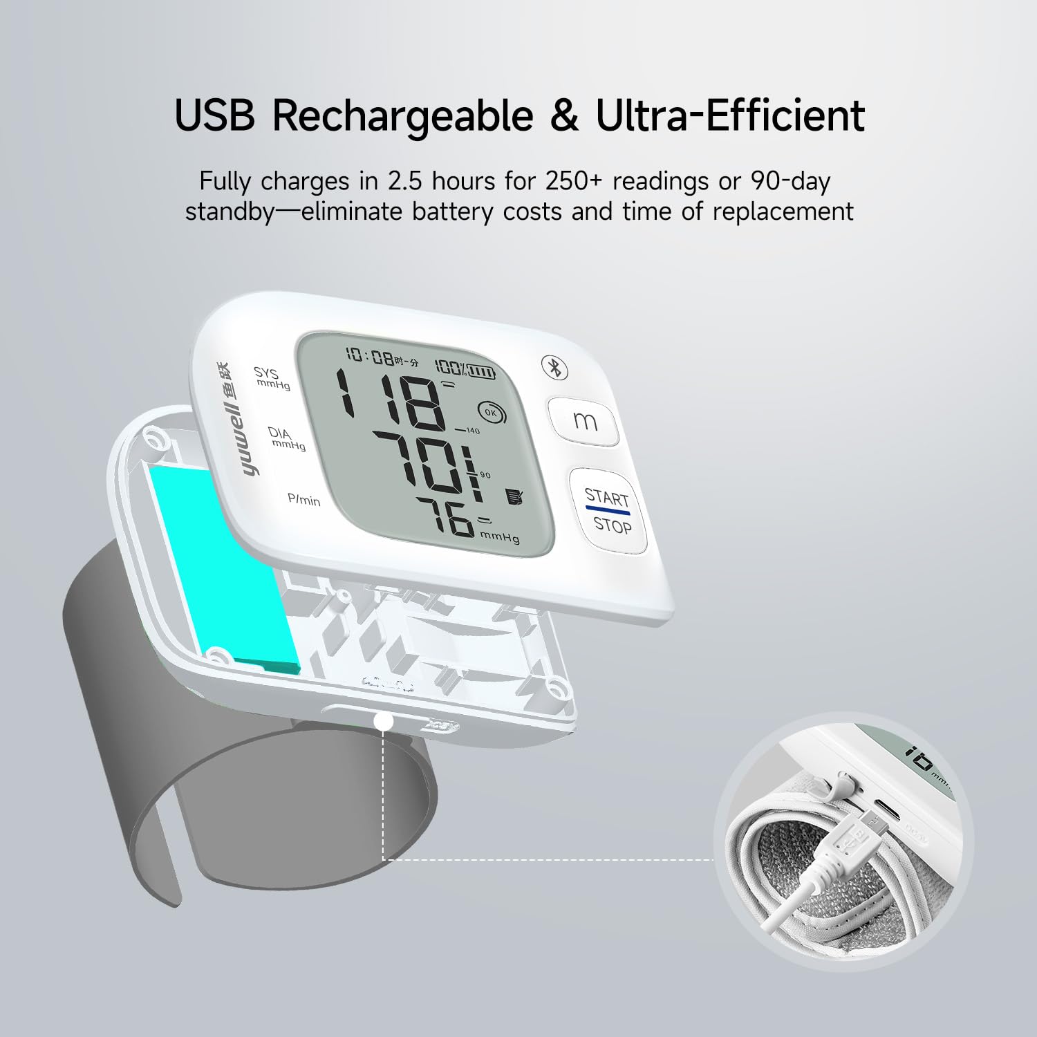 yuwell Rechargeable Wrist Blood Pressure Monitors for Home Use, Large Wrist Cuff with Irregular Heartbeat, with Bluetooth Wireless Technology to Healthcare+ App for Unlimited Free Measurements