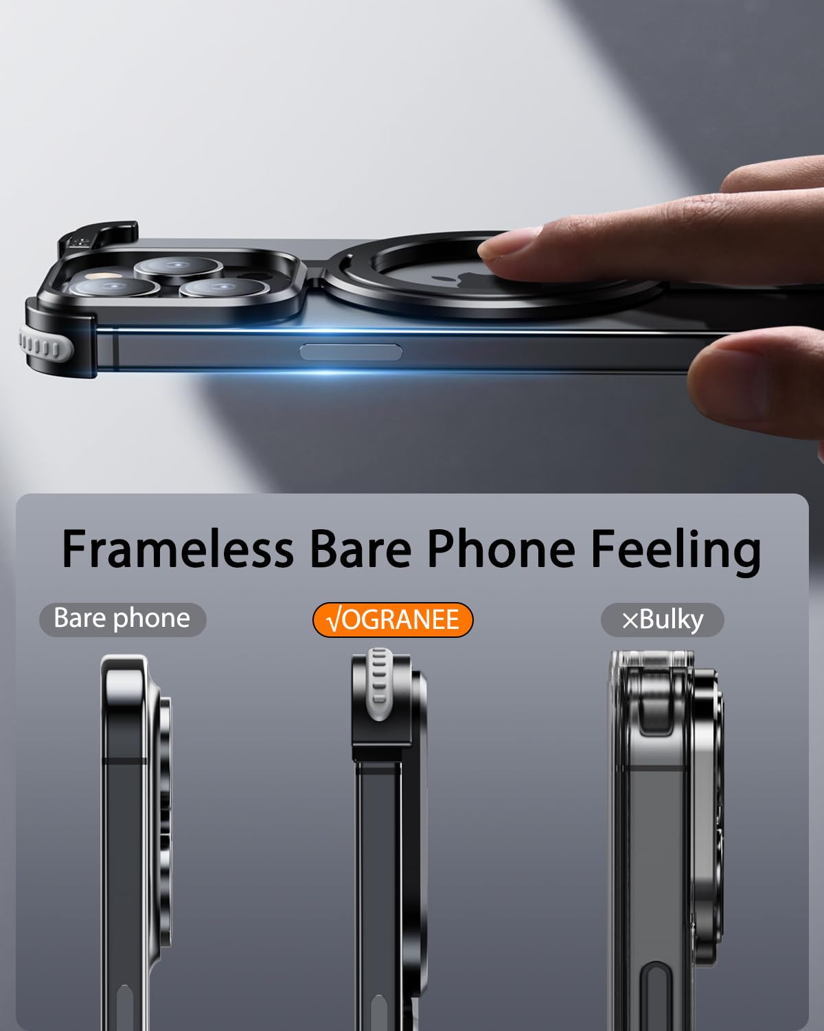 OGRANEE Frameless for iPhone 15 Promax Case with Magsafe Kickstand, Bezel Less Minimalist Metal Slim Hard Shockproof Ultra Thin for iPhone 15 Pro Max Case with Ring Stand Holder Magnetic Men, Black