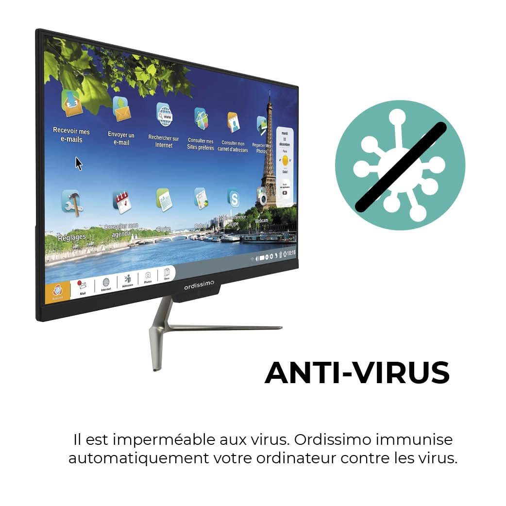 ORDISSIMO - Ordinateur de Bureau Tout-En-Un Clara 2 Idéal Senior - Ordi Fixe Facile à Utiliser - Grand Écran Plat - Interface Intuitive, Clavier Simplifié, Souris Sans Fil, Antivirus, Ports USB - Noir