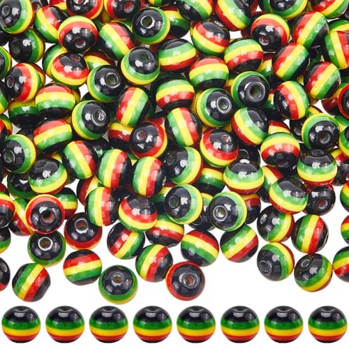 SOFPLATE 200Pcs Jamaica Beads Striped Bead Bulk 8mm Black Red Green Yellow Resin Round African Reggae Style Mini Loose Spacer Rasta Beads for Jewelry Making Bracelet Necklace DIY Crafts Accessories