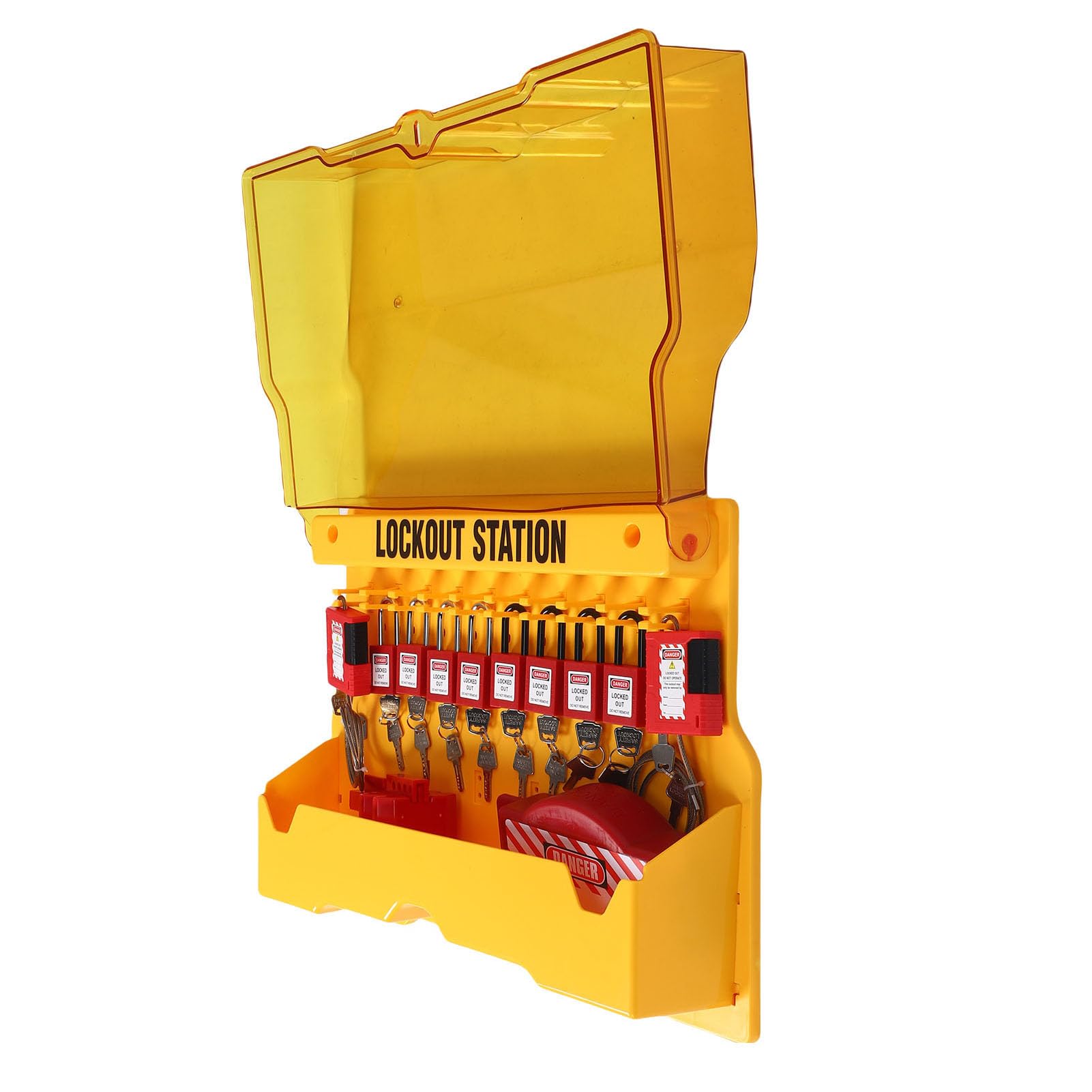 Keenso Stazione di Lockout Tagout Kit di Lockout per Montaggio a Parete su PC Giallo con 8 Lucchetti 20 Tag 3 Fermagli e Interruttori di per la Manutenzione Elettrica Industriale