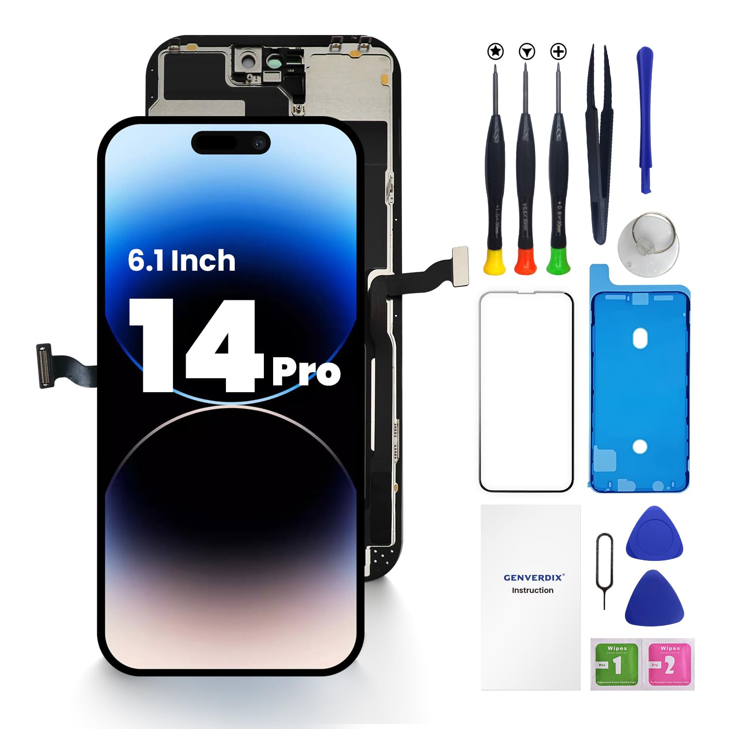 Genverdix Schermo per iPhone 14 PRO – Kit di Riparazione FHD DIY 3D Touch Display da 6.1 Pollici, Completamente Compatibile con Face ID, Colori Vivaci, Alta Risoluzione