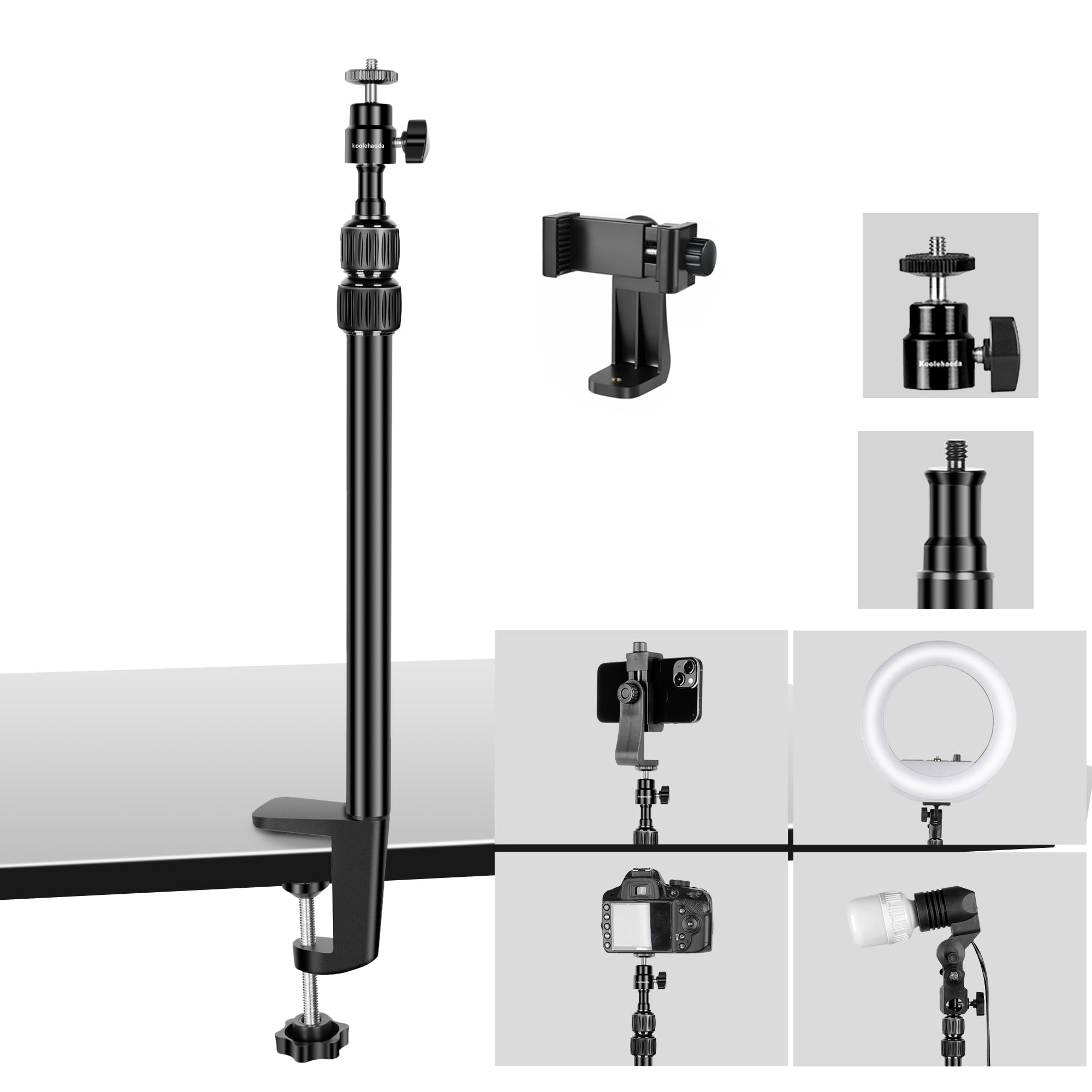 koolehaoda Camera Desk Mount Stand Table Stand with 360° Rotatable Ball Head, 14”–31” Adjustable Desktop Stand with 1/4" Screw for DSLR Camera, Ring Light, Webcam, Live Stream, Video Studios
