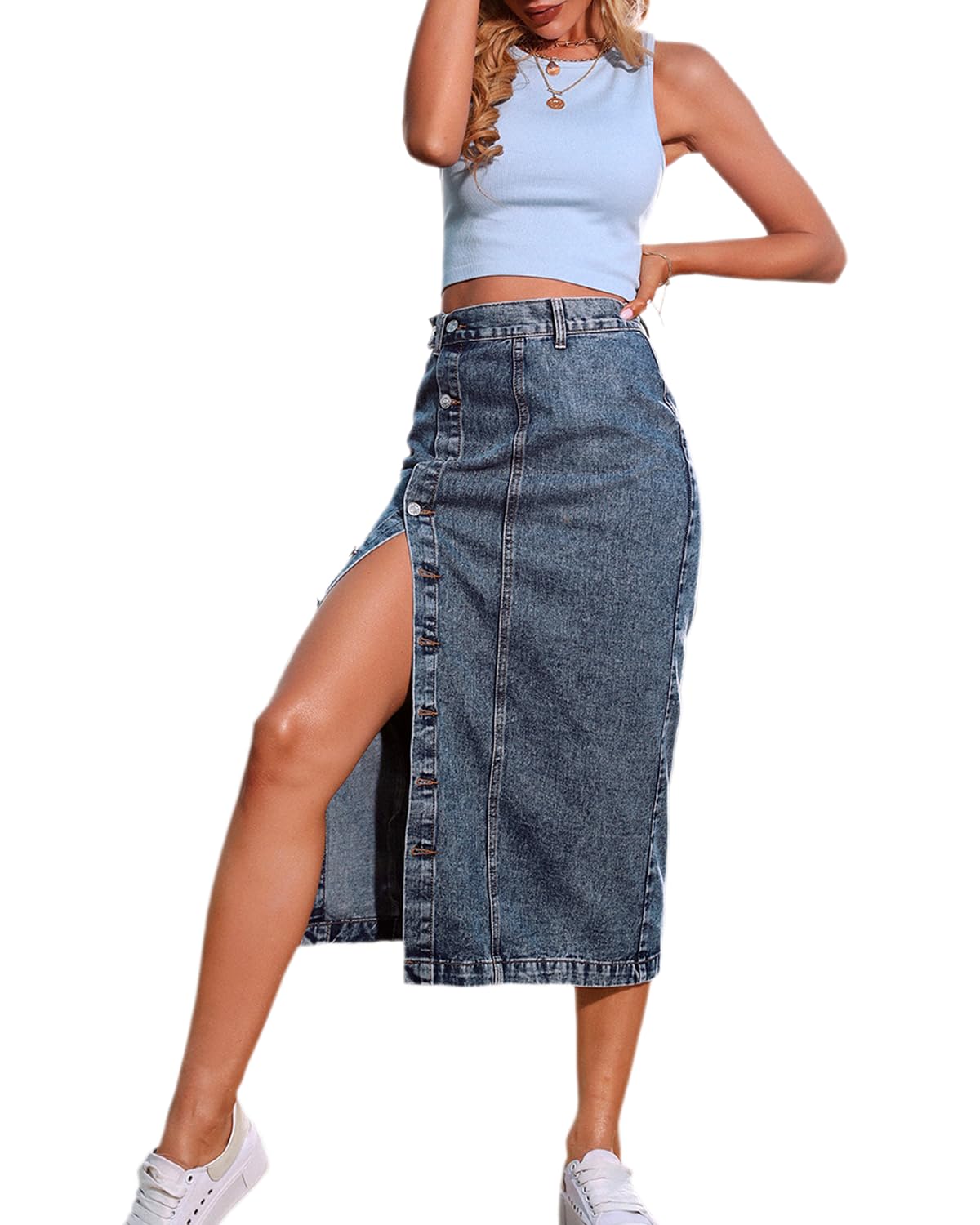 NIGHTMISSWomens High Waisted Washed Button Front Denim Long Skirt Midi Length A Line Denim Jean Pencil Skirt