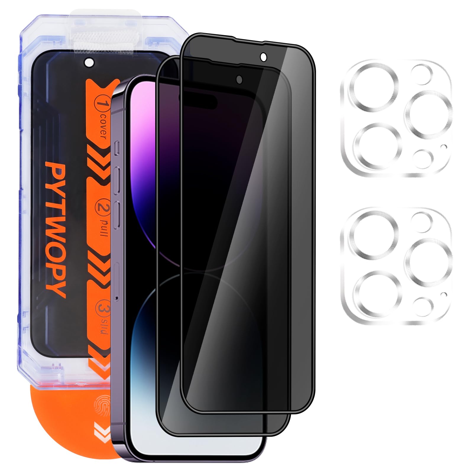PYTWOPY Privacy Screen Protector for iPhone 14 Pro 6.1 inch[2 Pack] [Easy Installation],with 2 Camera Lens Protectors,Tempered Glass Anti Spy 9H