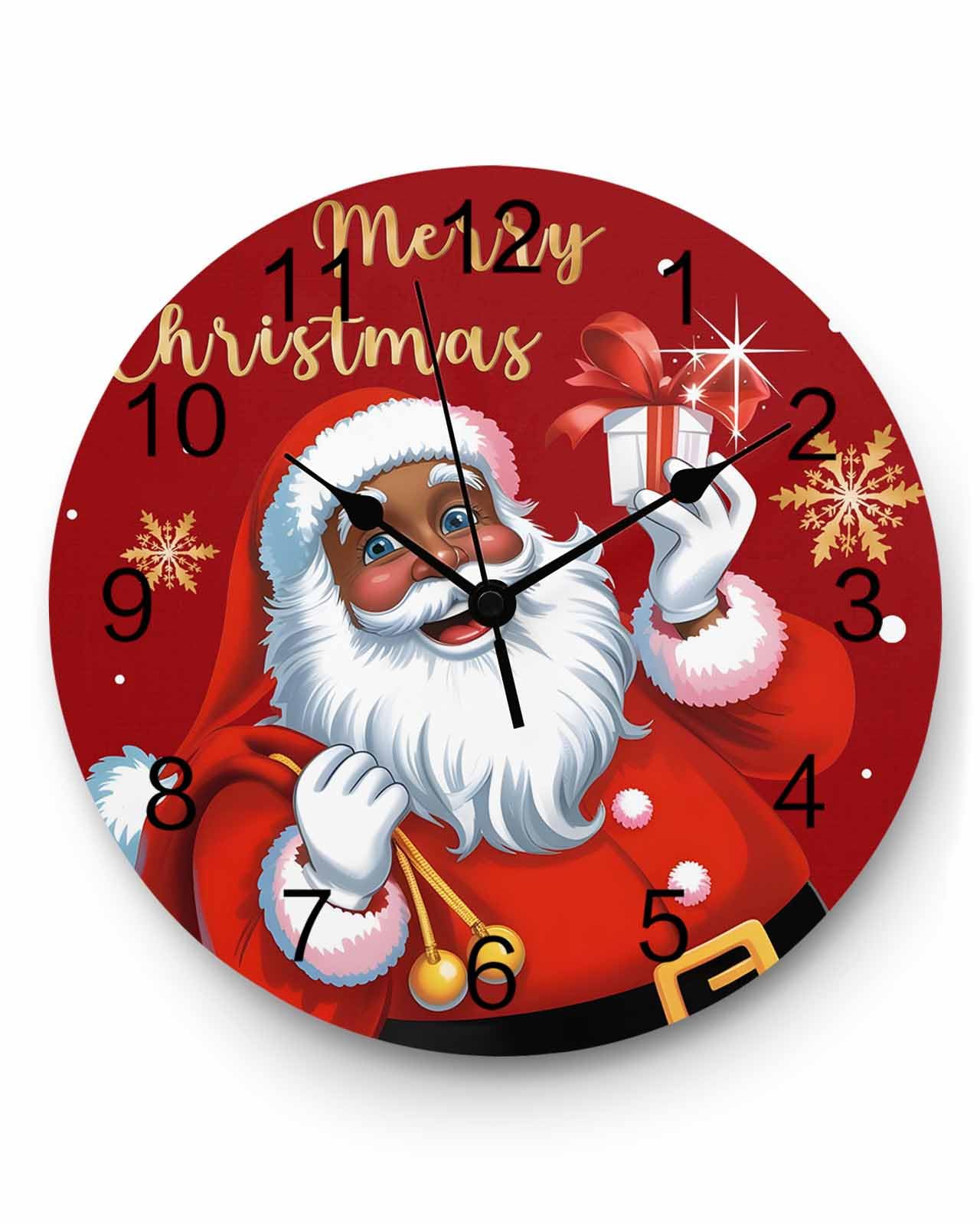 Ensound Christmas Wall Clock Black Santa Claus Clocks Wooden Silent Non-Ticking Battery Operated Merry Christmas Snowflake Round Clock for Home Living Room Kitchen Bedroom Office School 12 Inch
