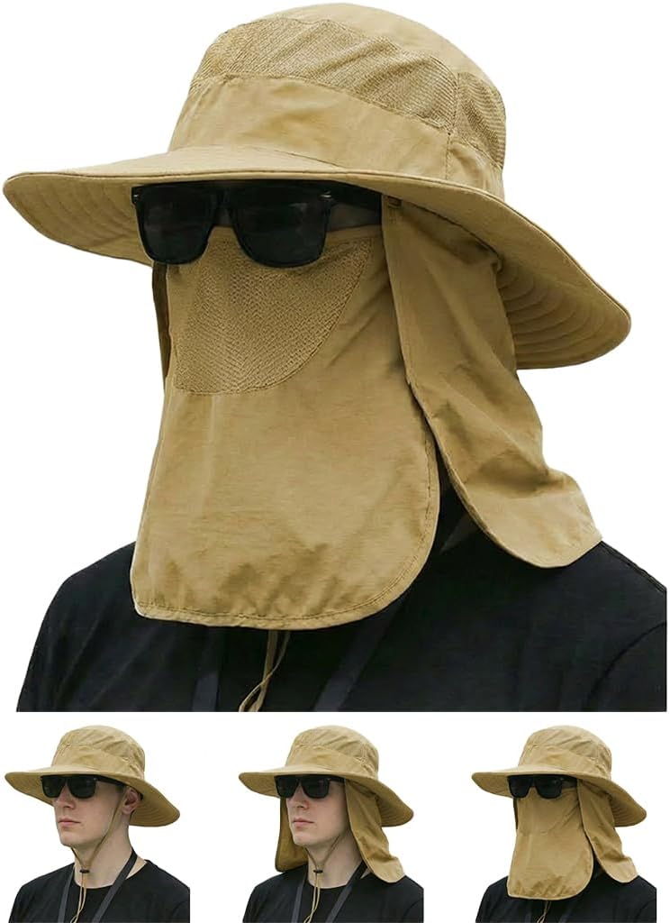 Sun Hat Bucket Hats for Men Women,Outdoor Wide Brim Fishing Hat with Detachable Face Cover & Neck Flap UV Protection