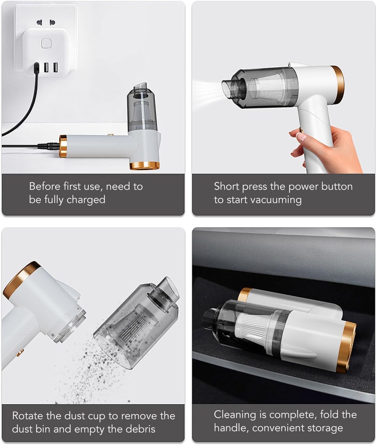 Aspiradora de Mano Plegable, succión de 9000 Pa, batería de 4000 mAh, luz LED, Lavable, portátil para Coche, hogar y Mascotas.
