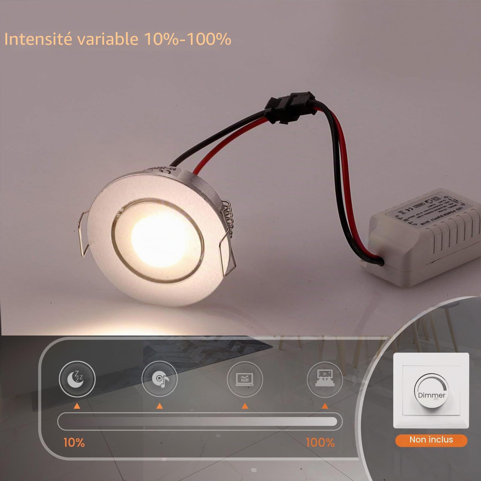 Lot de 10 mini spots orientables à intensité variable Blanc chaud 3 W COB LED Ceiling Light, taille du trou 42-45 mm, 3000 K couleur argentée pour armoire à domicile DIY