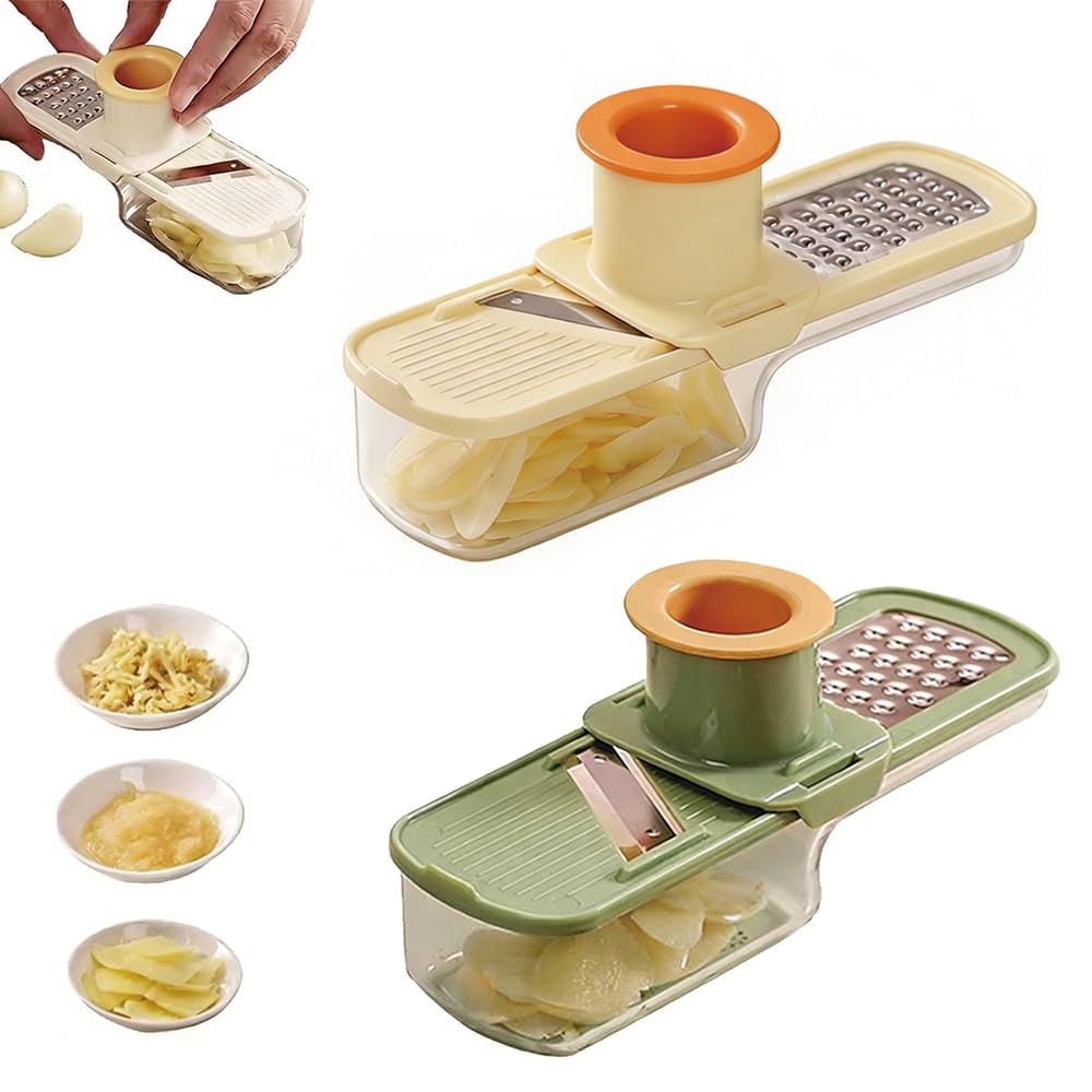 3-in-1 Garlic Press with Container | Multi-Functional Vegetable Slicer & Grinder for Ginger, Potato, Carrot | Easy-Clean Mini Shredder & Slicer, White & Green Set