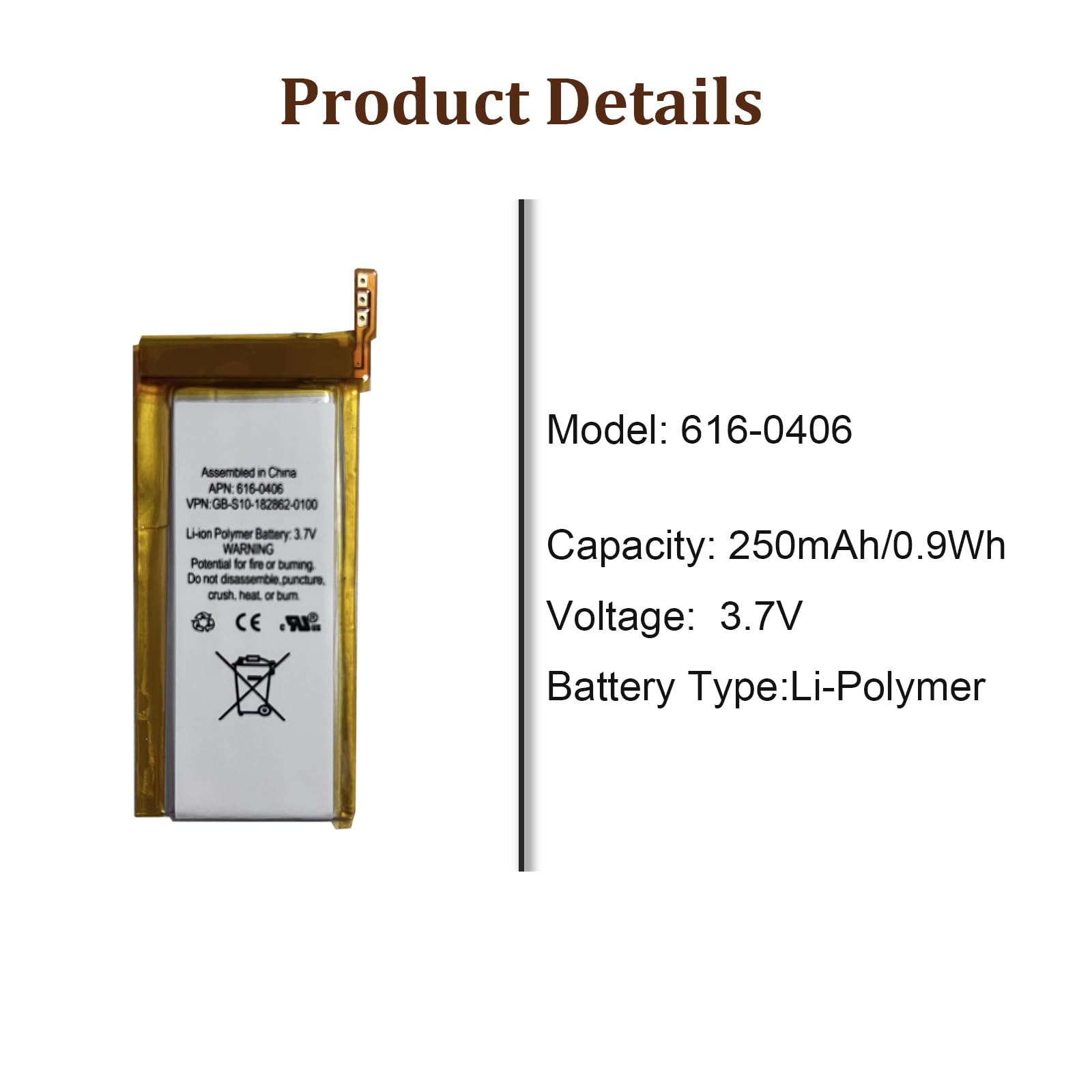 Batteria di ricambio 616-0406 616-0467 compatibile con [iPod] Nano 5th Gen 5G 8GB 16GB P11G73-01-S01 A1320