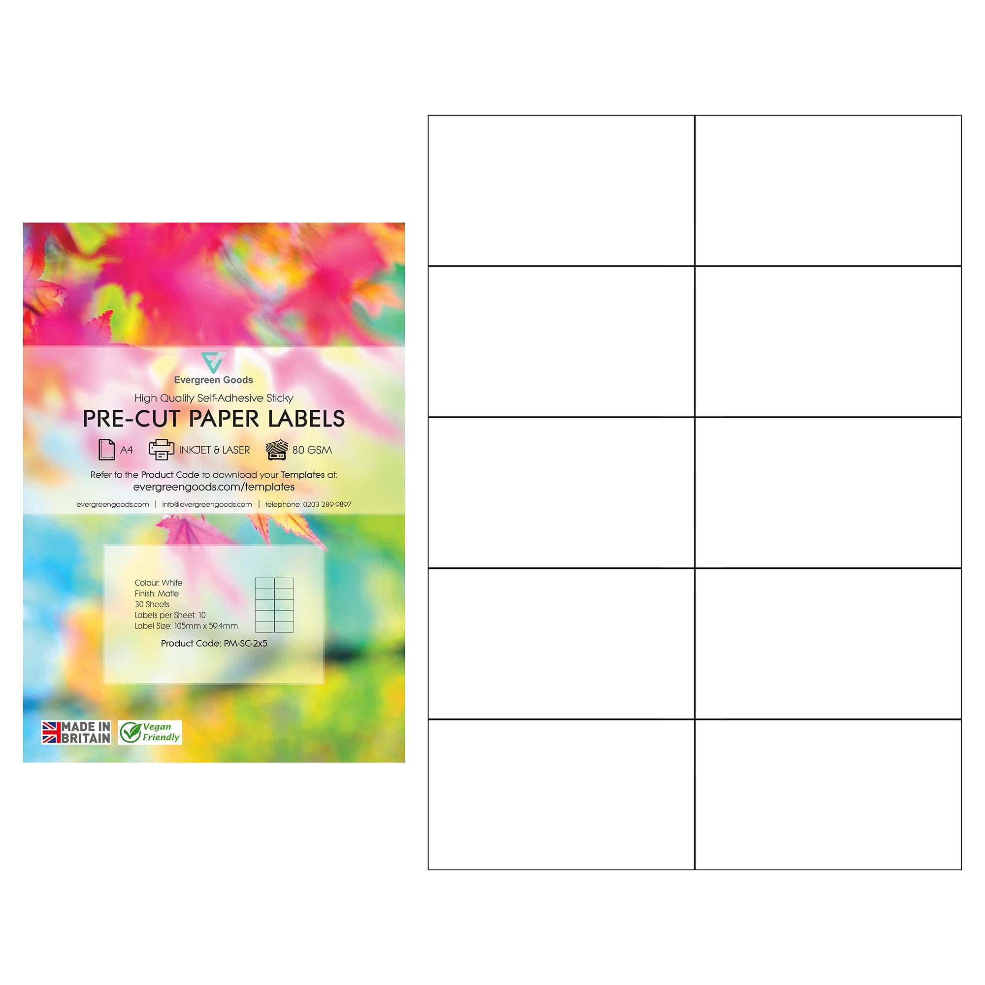 30 Sheets A4 Precut Multi Labels White Labels MATT Self Adhesive Paper Stickers Multi Purpose Labels Inkjet and Laser Printing (2 x 5 (10 per Sheet))