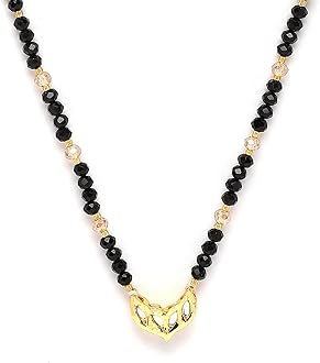 ZENEME Gold-Plated Black & White Artificial Stones Studded & Beads Beaded Locket Mangalsutra For Women