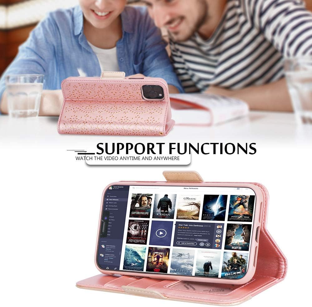 WWW iPhone 11 Pro Max 6.5" Case,iPhone 11 Pro Max Wallet Case, [Luxurious Romantic Carved Flower] Leather Wallet Case [Inside Makeup Mirror] [Kickstand Feature] for iPhone 11 Pro Max 2019 Rose Gold