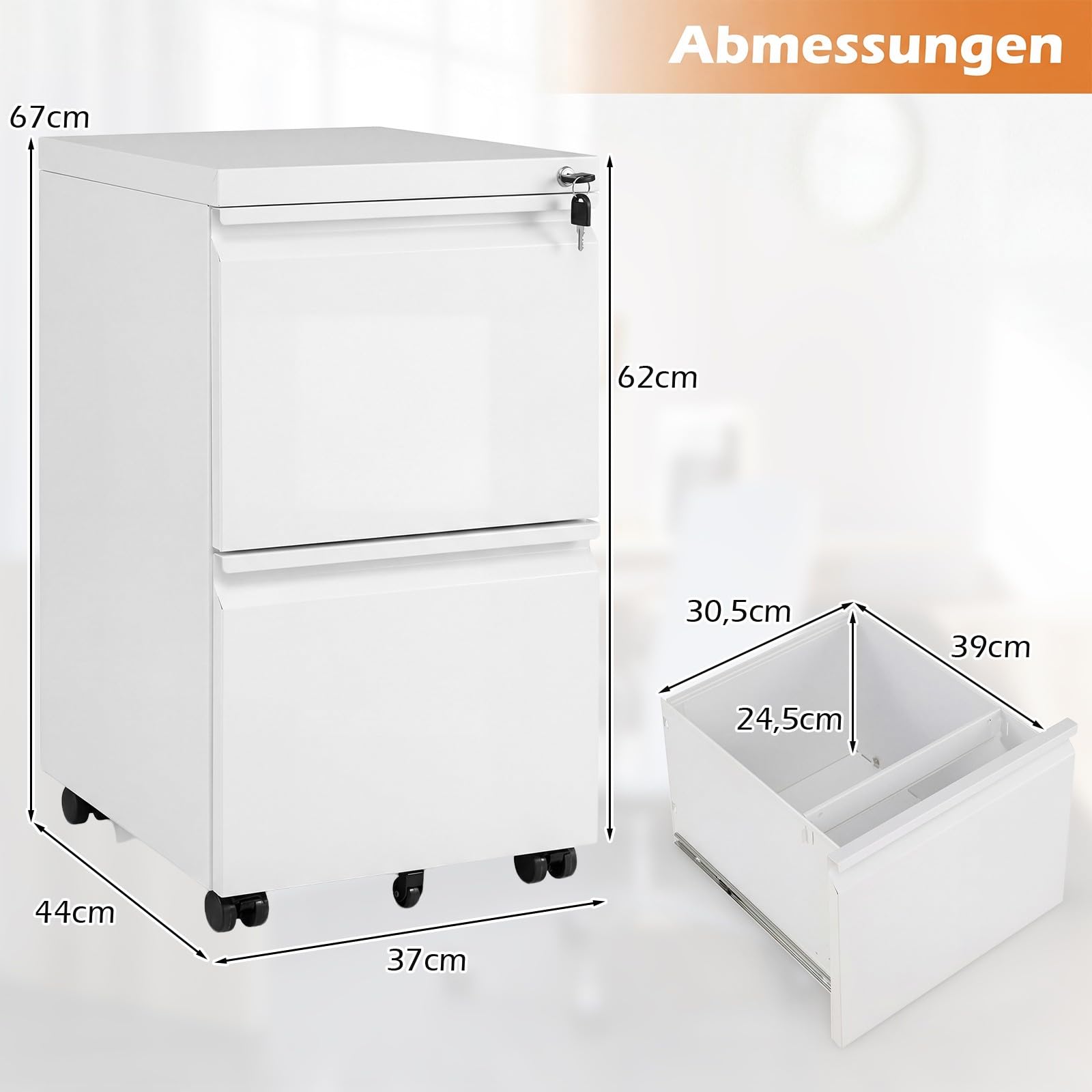 COSTWAY Rollcontainer abschließbar aus Metall, Aktenschrank unter Schreibtisch, Bürocontainer mit 2 Schubladen & Hängeregistratur für Dokumente, Metallschrank mit 5 Rädern, 44 x 37 x 67 cm (Weiß)
