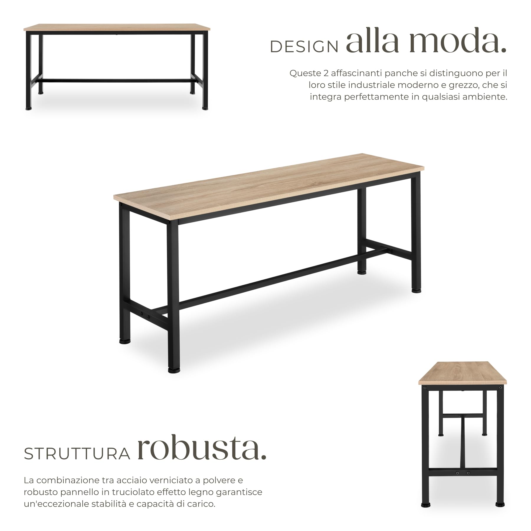 tectake® Set con 2 Panche, Design Lineare, 108x32,5x50 cm, Telaio in Acciaio, Piano in Legno, Panche Da Esterno e Interno, Panca per Tavolo Birreria - Industriale Legno Chiaro, Rovere Sonoma