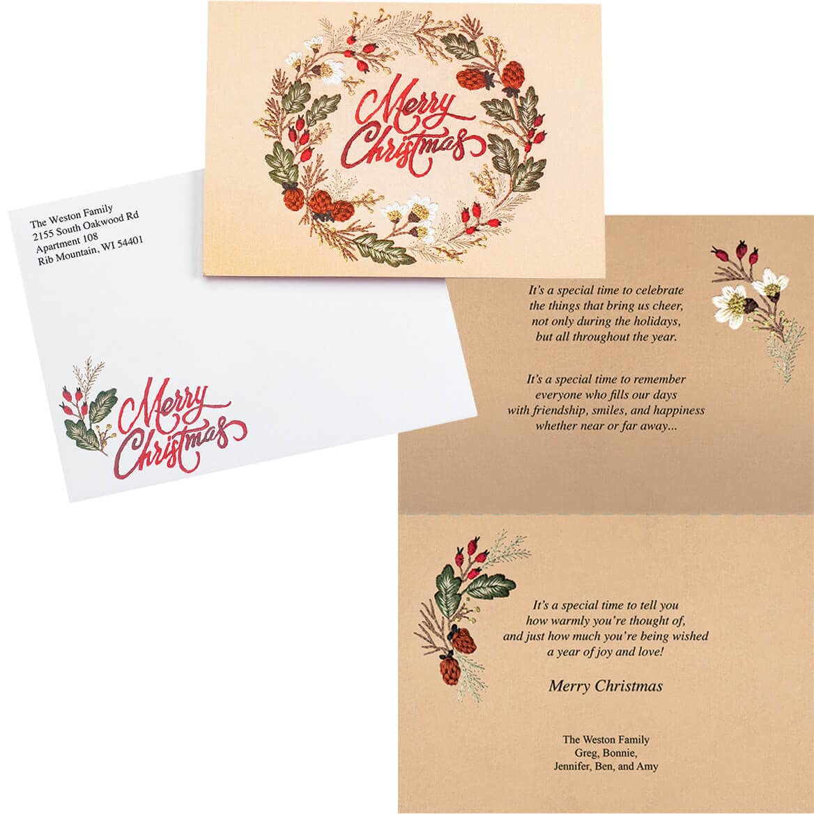 HOLIDAY PEAK Custom Embroidered Christmas Wreath Card set of 20, Card and Front of Envelope Personalization w/Design
