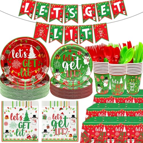181Pcs Let's Get Lit Christmas Party Decorations Christmas Party Supplies Tableware Set Let's Get Lit Christmas Plates and Napkins with Christmas Tableware for Friendsmas Christmas Party Decorations