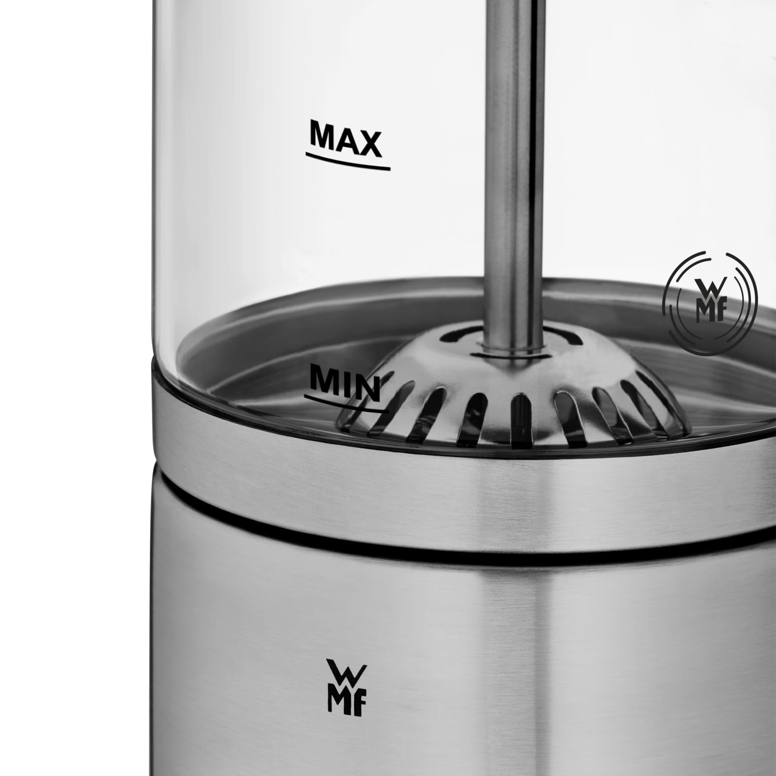 WMF Lono - Espumador de leche de cristal eléctrico, 150-250 ml, 650 W, batidora de frape, pantalla táctil, para espuma de leche caliente y fría, leche caliente, calentador de leche, cacao, chocolate