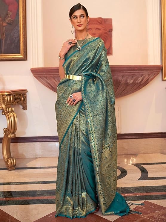 Image of MADHUHANSH Women's Cotton Silk Saree with Unstitched Blouse Piece Zari Weave and Floral Pattern | Heavy Embroidery Saree for Women | Interview Saree for Women | Readymade Blouse with Saree Set