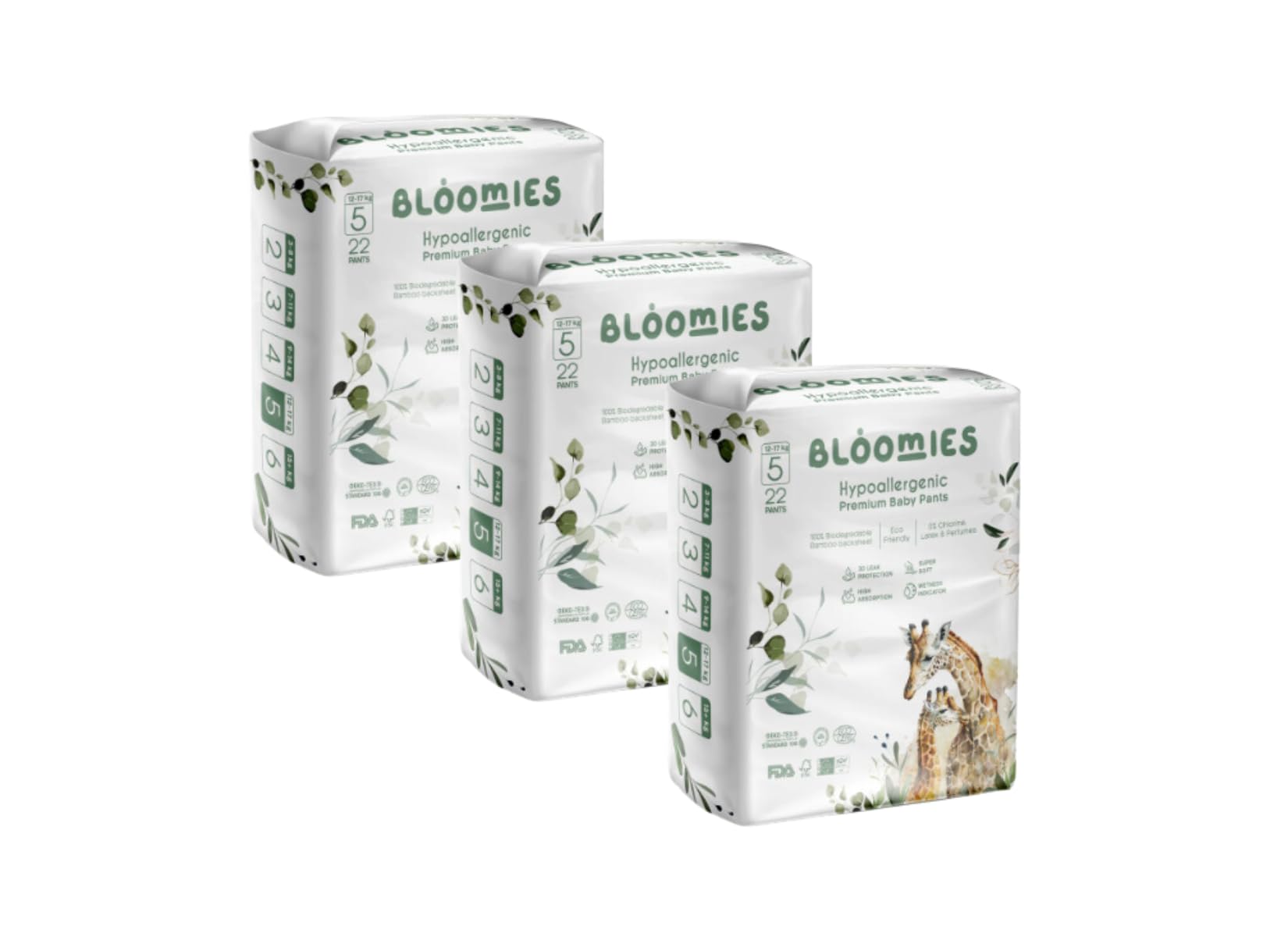 Bloomies Premium Baby Diaper Pants Size 5, 12-17kg, 66 Count, Wetness Indicator Eco-friendly and Hypoallergenic Ultra-soft Nappy Diapers Pant Skin Friendly, Leakage Protection, Natural Bamboo Made