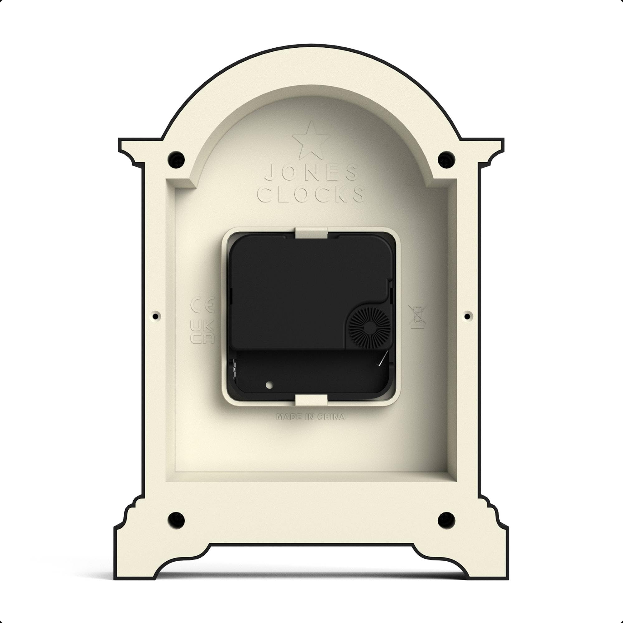 JONES CLOCKS® Bistro Kaminsimsuhr | Kleines klassisches wagenuhr-Design mit bogendecke | Schwarz | Zeitgenössischer klassischer Stil für kaminsims, Schreibtisch, Tisch, Regal und nachttisch