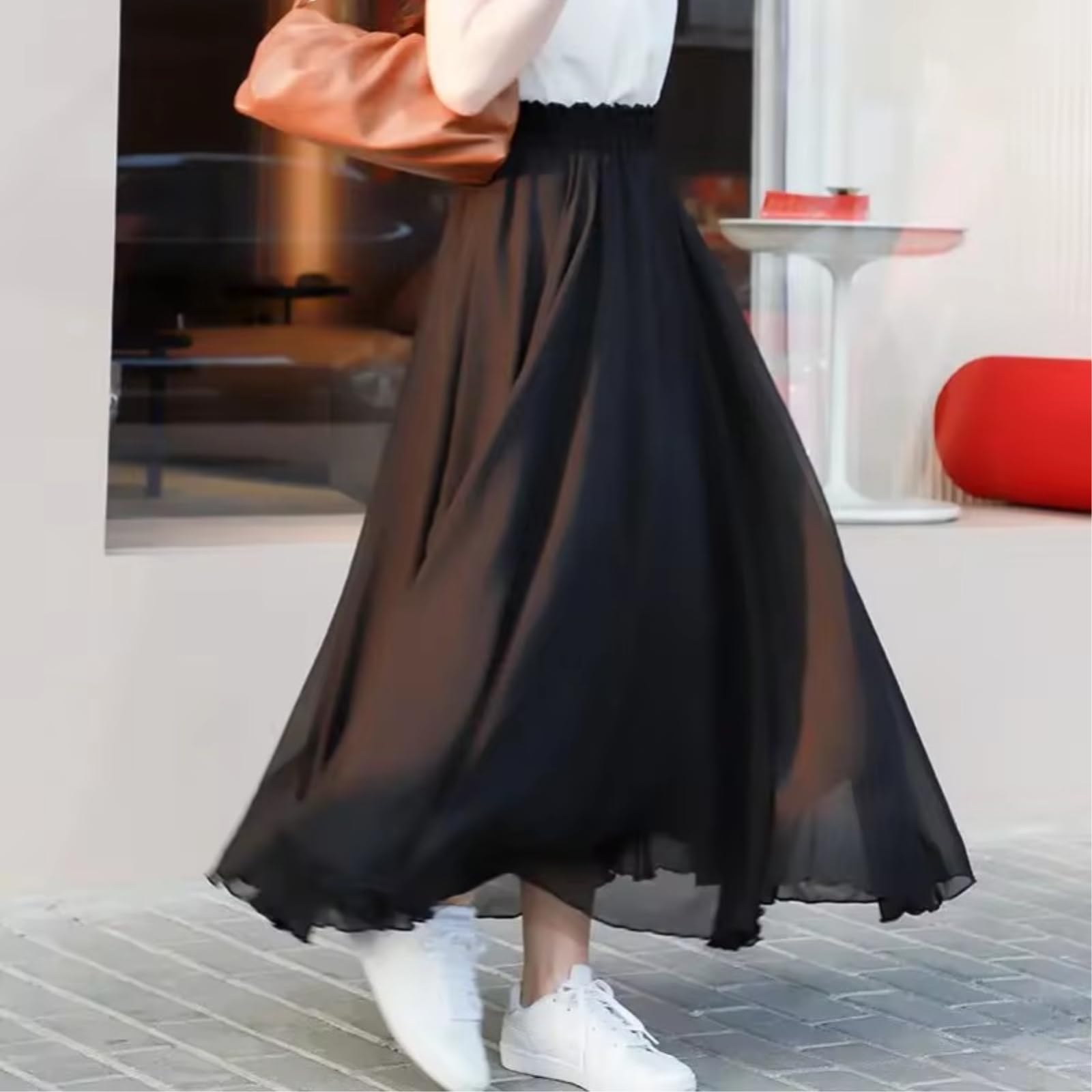 Robe Femme Femmes Haute Taille Chiffon Maxi Jupe Flowy Full Circle Long Danse Élégante Casual pour L'été-Ice Blue-m