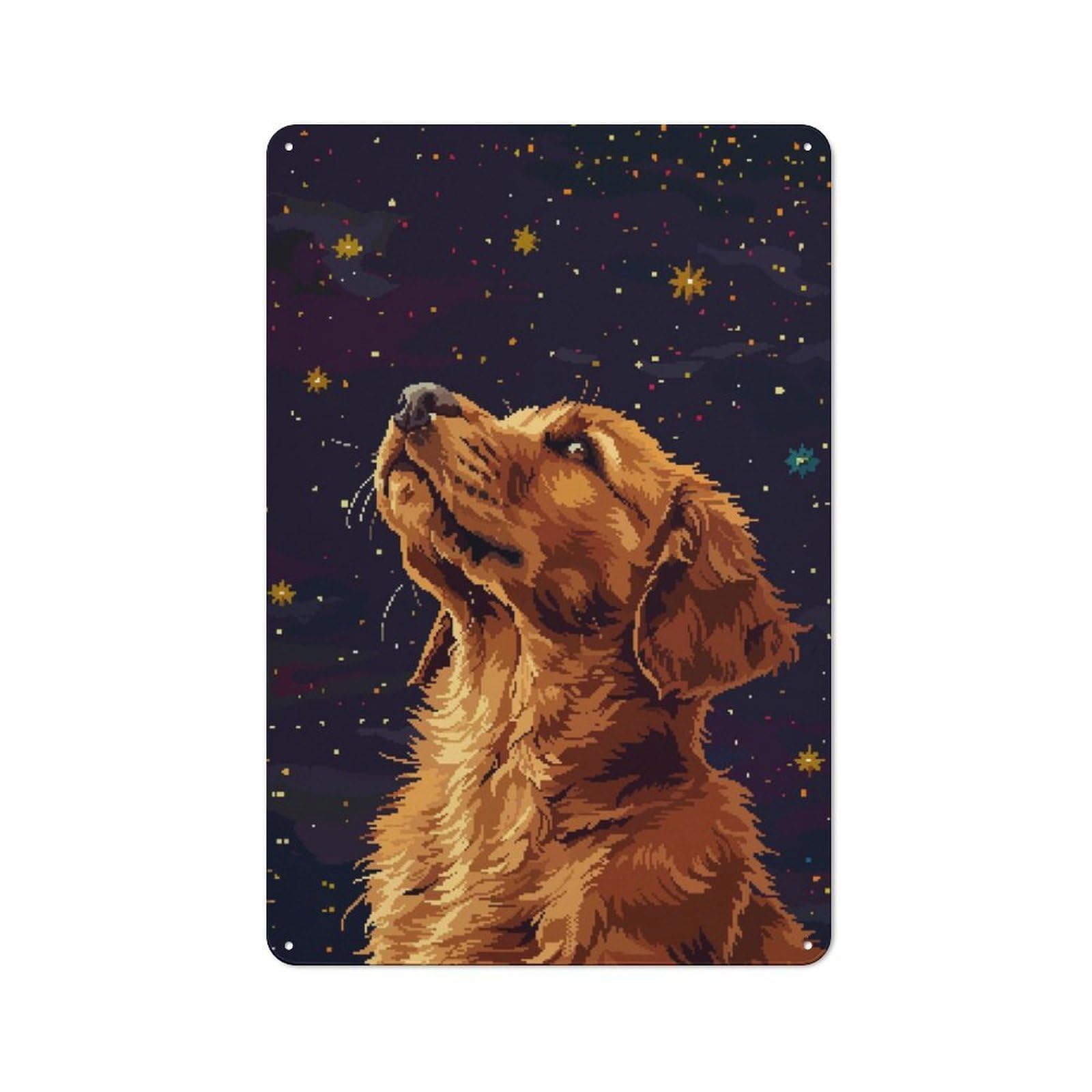 Junmoney Golden Retriever Pixel Art Metal Plaque 30X20cm With For Pub Or Café, Rustic Decor, For Garage, Workshop And Man Cave Decoration