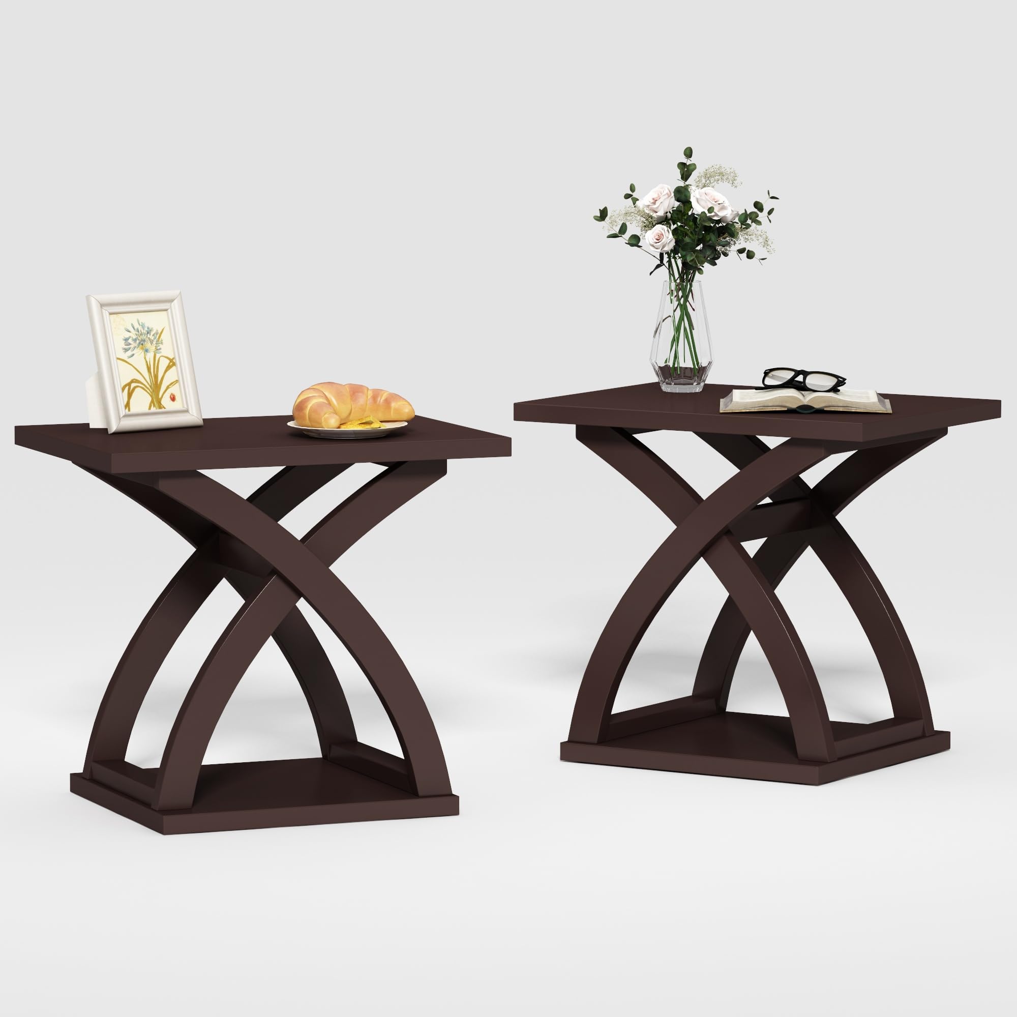 ChooChoo End Side Table Set of 2, Modern End Table with Storage Shelf, X-Design Side Table Living Room (Espresso)