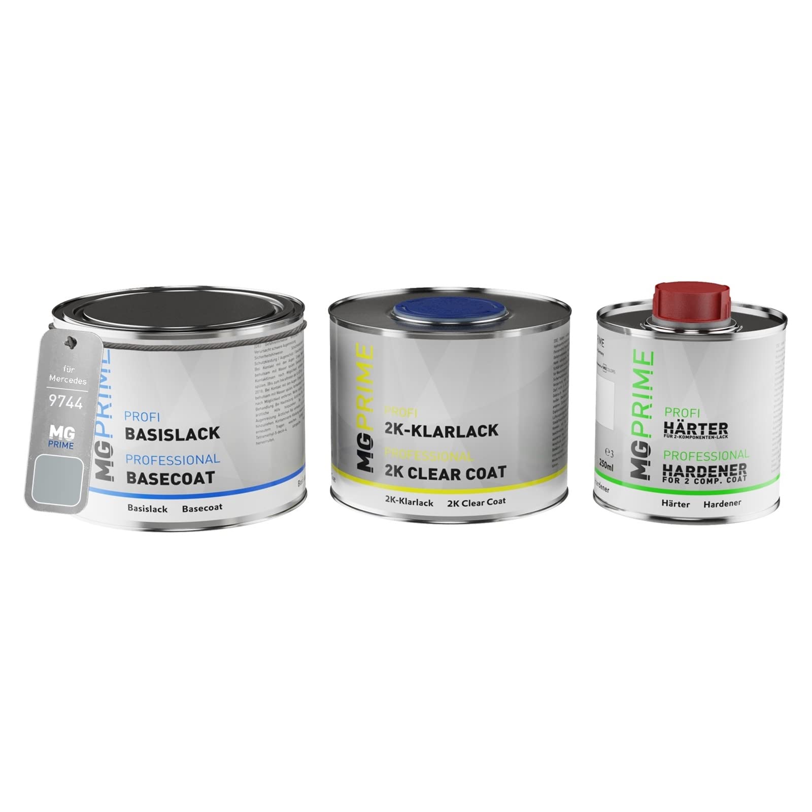 MG PRIME Vernice per auto Kit barattolo pronto all’uso per Mercedes 9744/744 Brillantsilber Metallic/Brilliant Silver Metallic Vernice di base + vernice trasparente 2K 1,25L