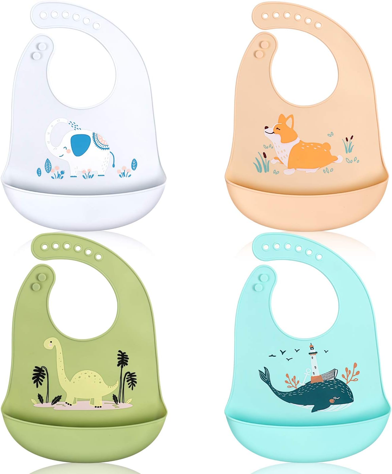 ABirdonSilicone Bibs for Babies, 4 Pack Waterproof Baby Bibs with Roll Up Food Catcher, Easily to Clean, Washable, 6 Adjustable Sizes Soft Silicone Feeding Bibs for Boys and Girls