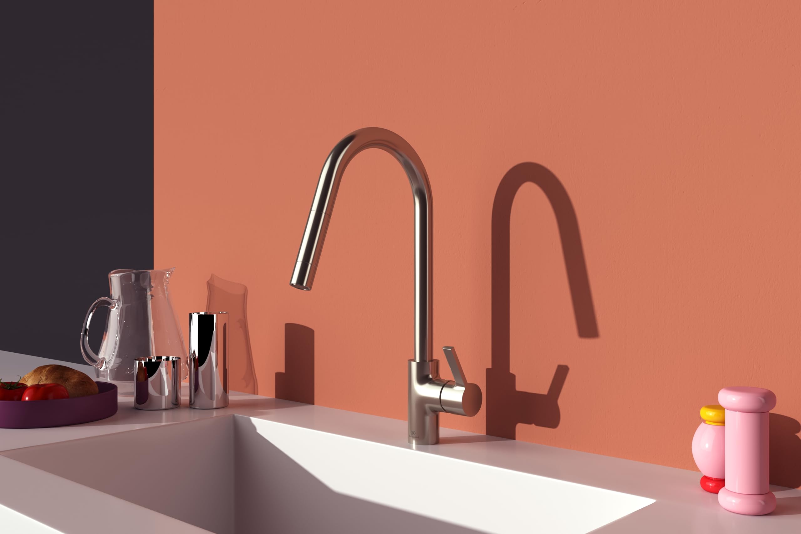 Ideal Standard – Gusto Mitigeur de cuisine, Bec rond en C, avec vaporisateur extractible, bec pivotant à 360°, facile à installer avec la fixation EasyFix+, Silver Storm
