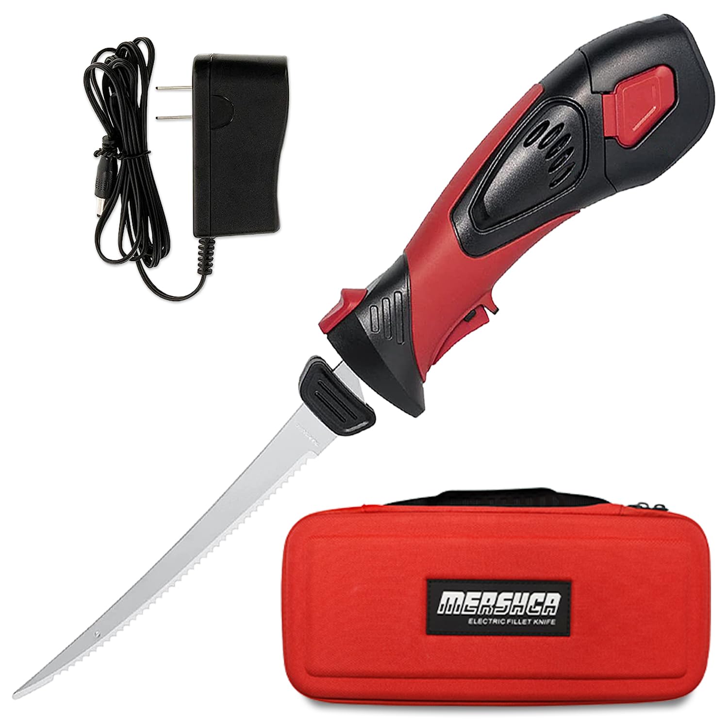 Cordless Electric Fillet Knife, with 8in Fully Serrated S.S. Coated Non-Stick Reciprocating Blades & Cooling Hole Non-Slip Grip Handle & Practical handbag, Rechargeable Electric Knife for