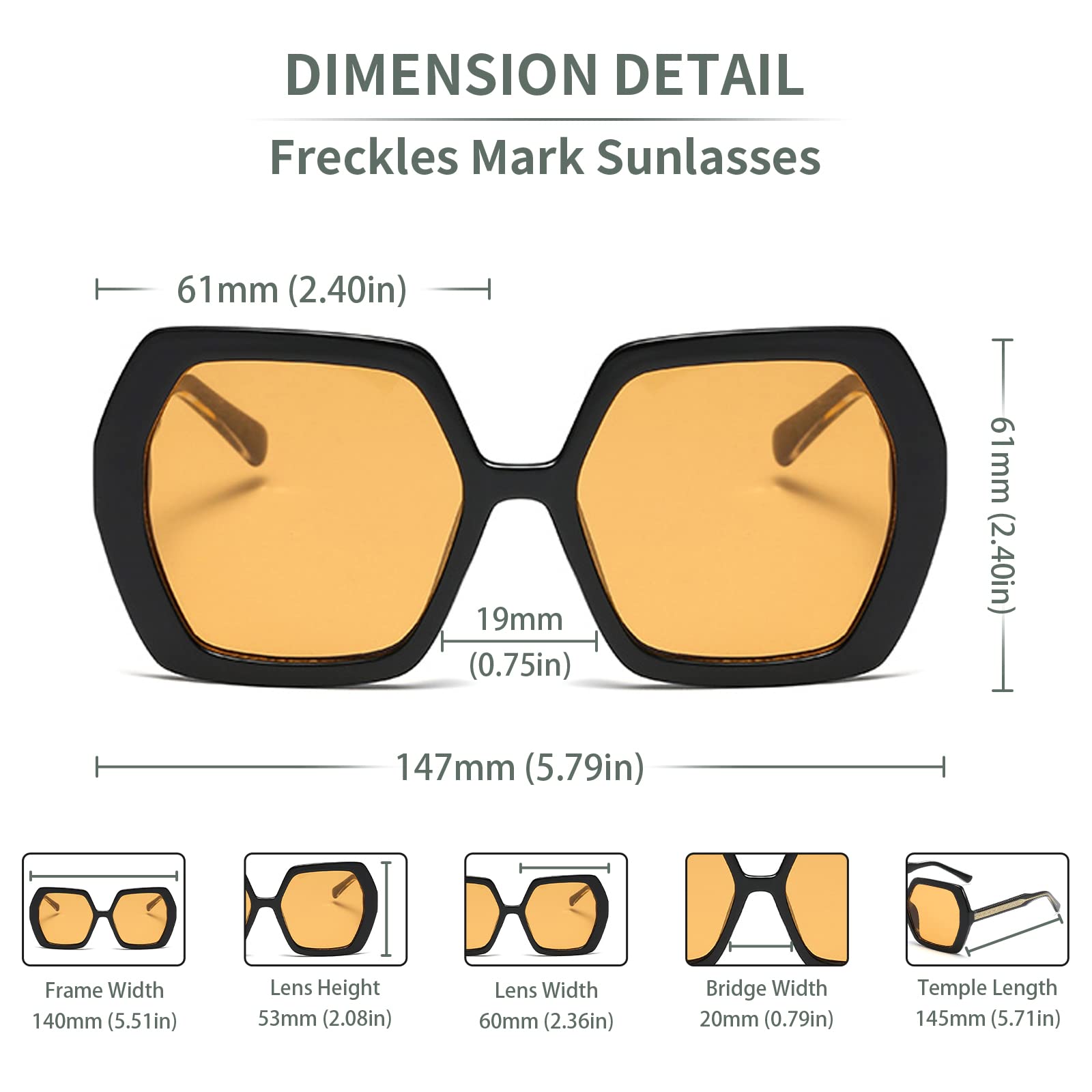 60er Jahre Retro inspirierte übergroße sechseckige Sonnenbrille unregelmäßige Vintage Ock Brille, Gelb (Schwarz / Gelb), XX-Large