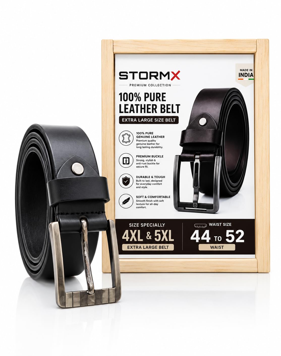 Oversize Genuine Leather Belt for Men | 5XL Belt (Waist 49–54 Inches) | Premium Genuine Leather | Formal & Casual Extra Large Belt | Heavy-Duty Metal Buckle | Black | 35 mm Width-image-19