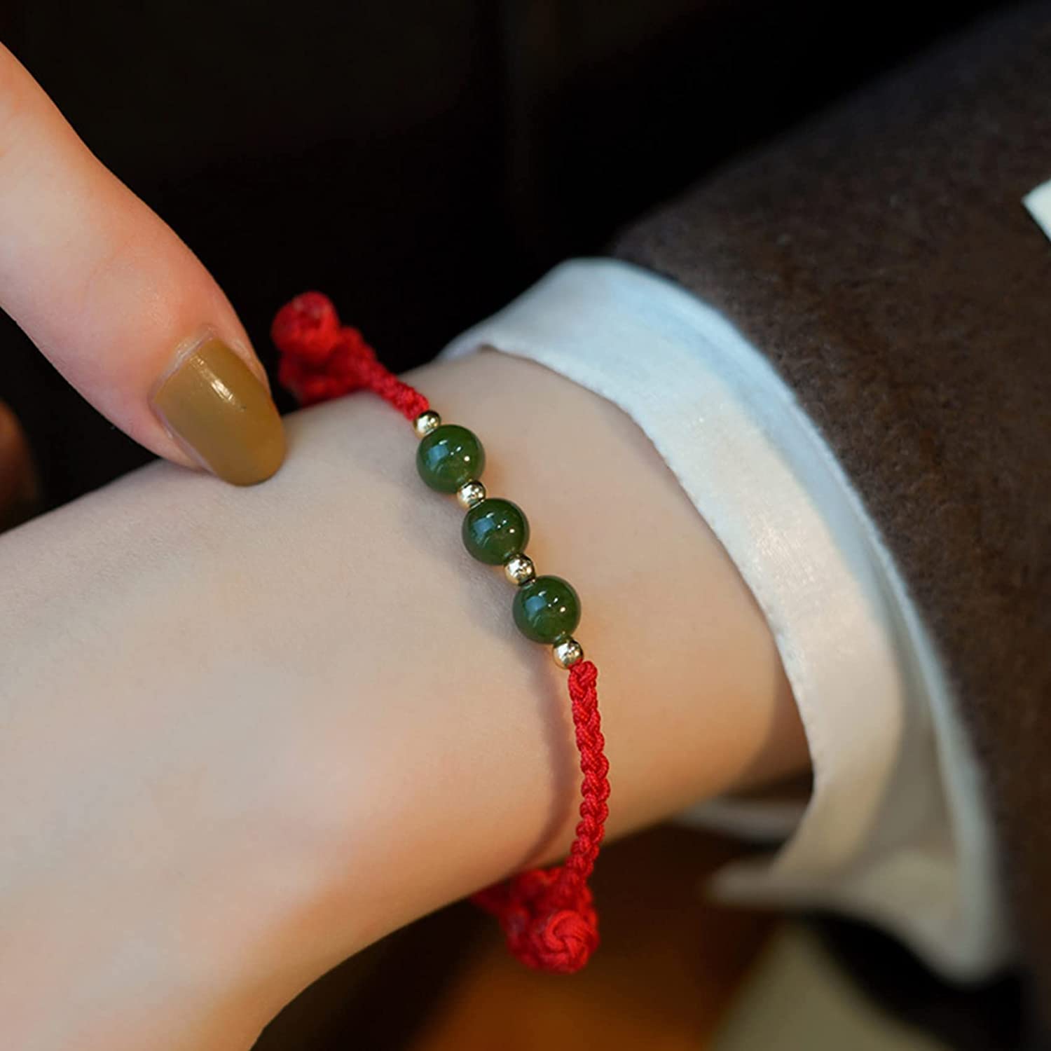 Pulsera de cuentas, pulsera de cristal, pulsera de hilo rojo, pulsera de jade hetiano natural, pulsera de riqueza for mujeres, pulsera de jade verde, pulsera roja ajustable, pulsera de jade amuleto fo