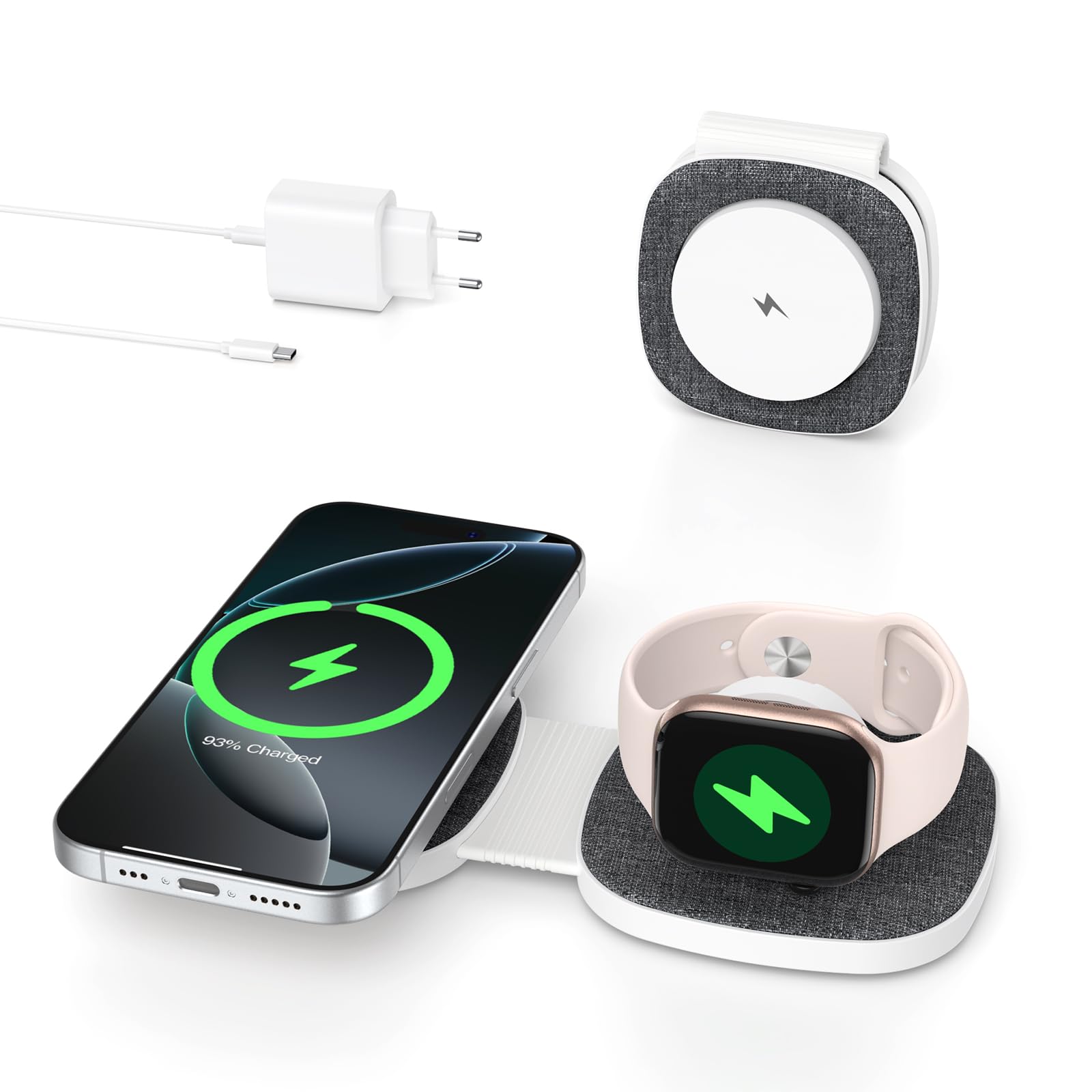 Faltbar 2 in 1 Ladestation für Apple Watch und iPhone für MagSafe iPhone 17e/Air/17/16/15/14/13/12 Series, für Apple Watch Series 11/10/9/8/7/6/5/4/3/2/SE/Ultra, für AirPods