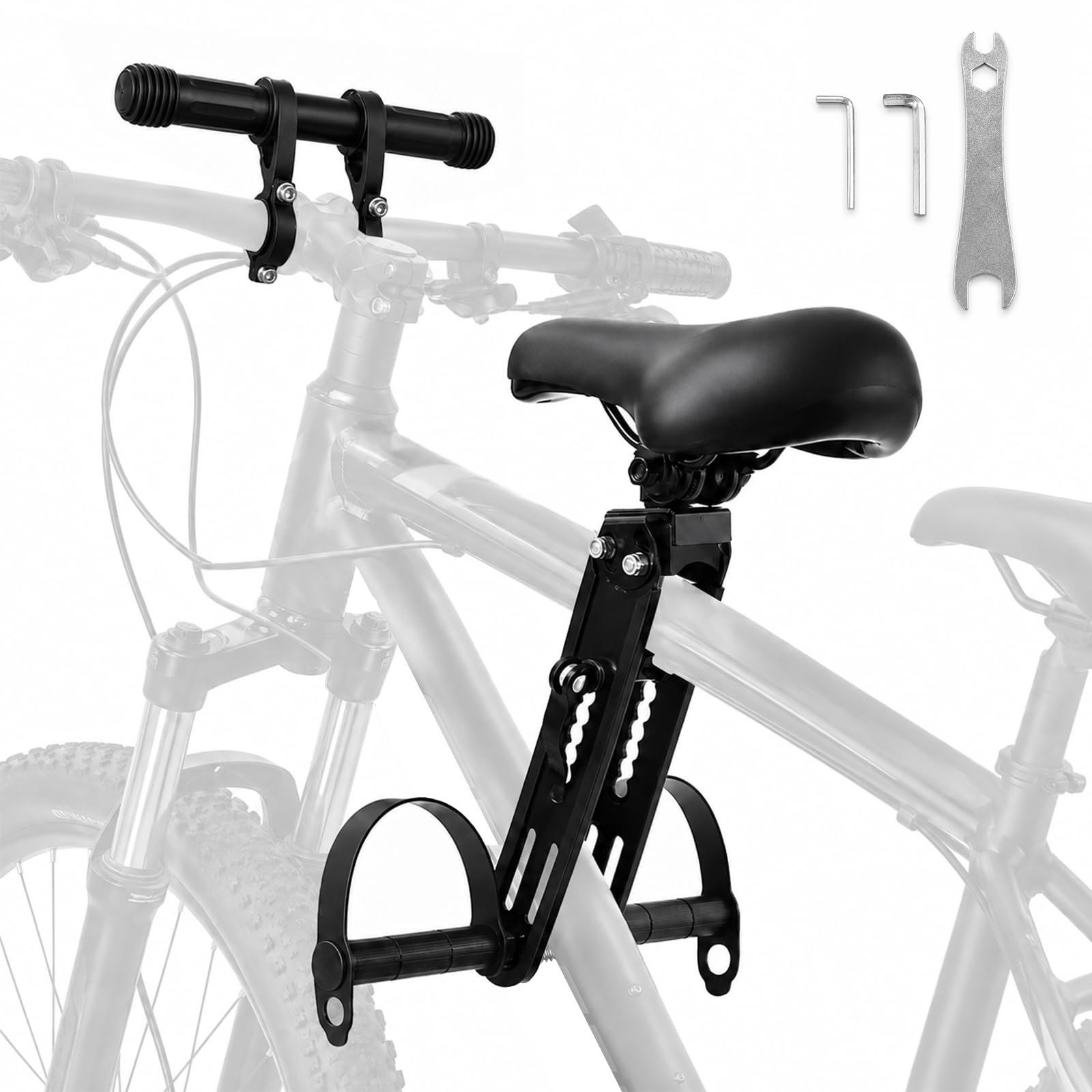 Avant Selle Velo Enfant, Siege Velo Enfant Avant | Siège vélo enfant 2–6 ans, siège PU, support aluminium, poignée de maintien, repose-pieds, pour la plupart des VTT