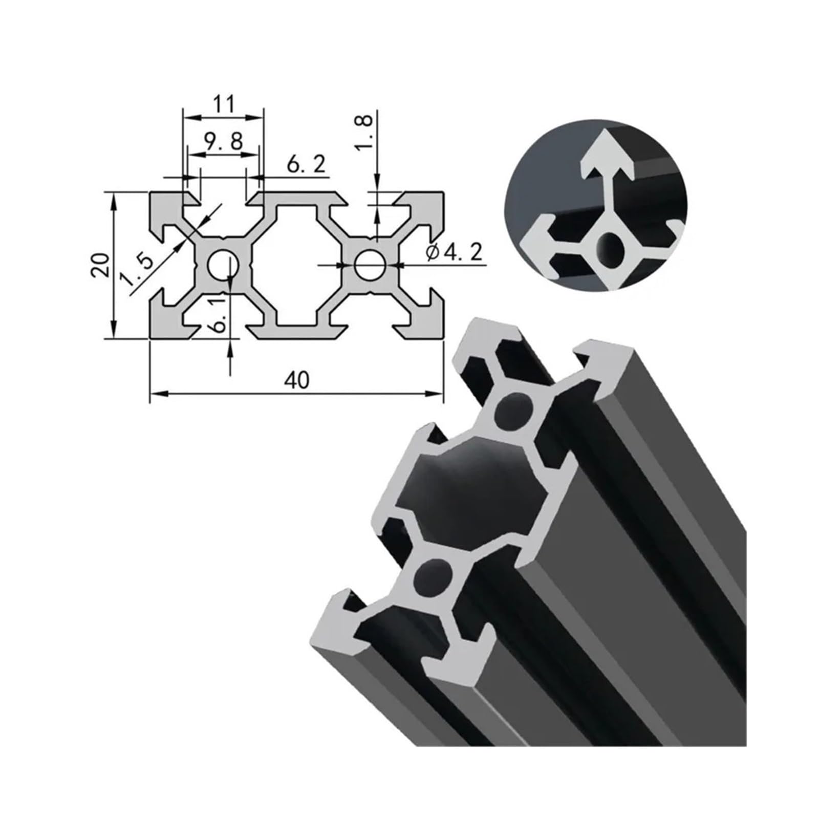 Extrusión de perfil aluminio con ranura 2040 T/V, 2 uds., 100mm a 1000mm, extrusión 20x40mm for piezas impresora 3D CNC(Sliver-2040,520mm)